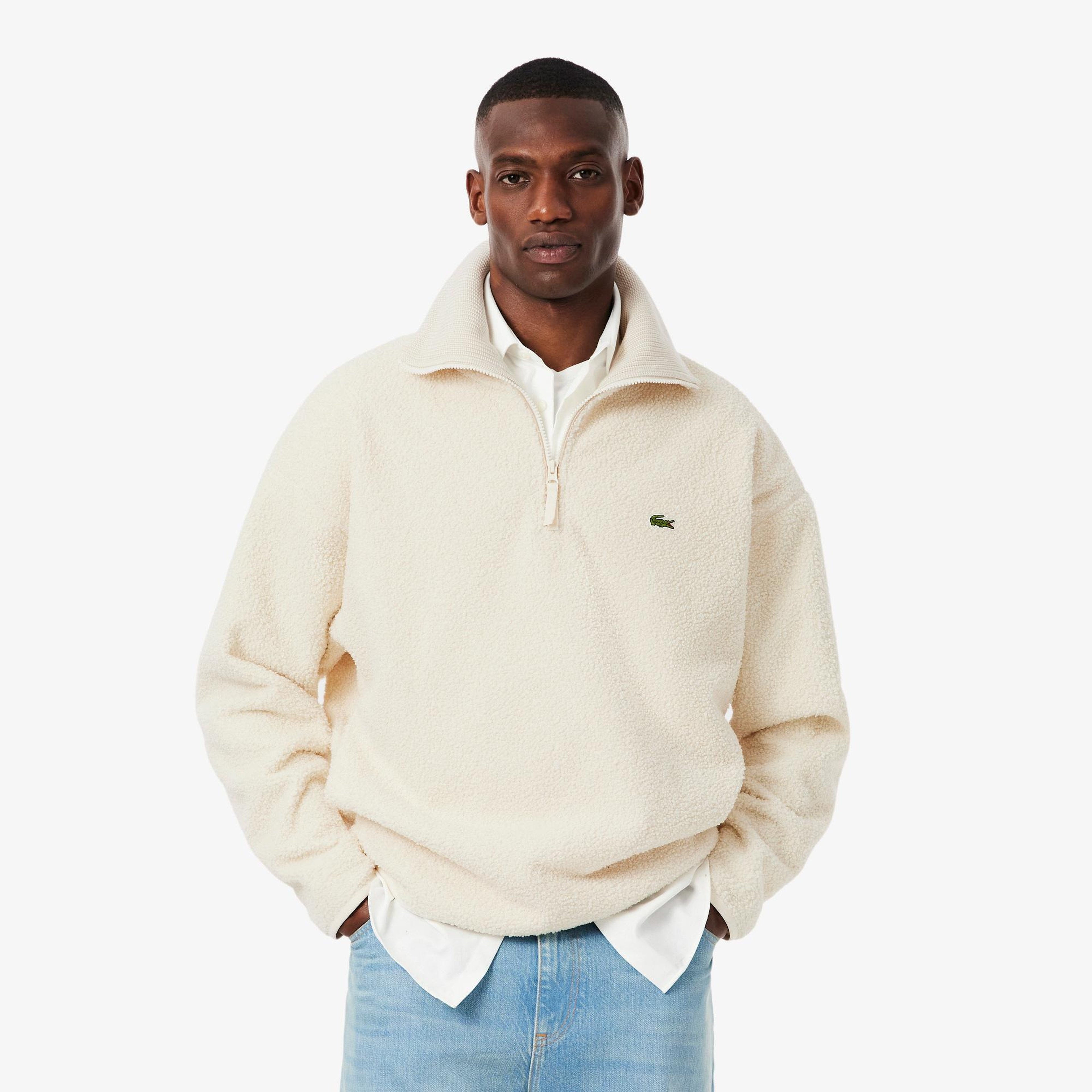 Erkek Loose Fit Yarım Fermuarlı Krem Sweatshirt