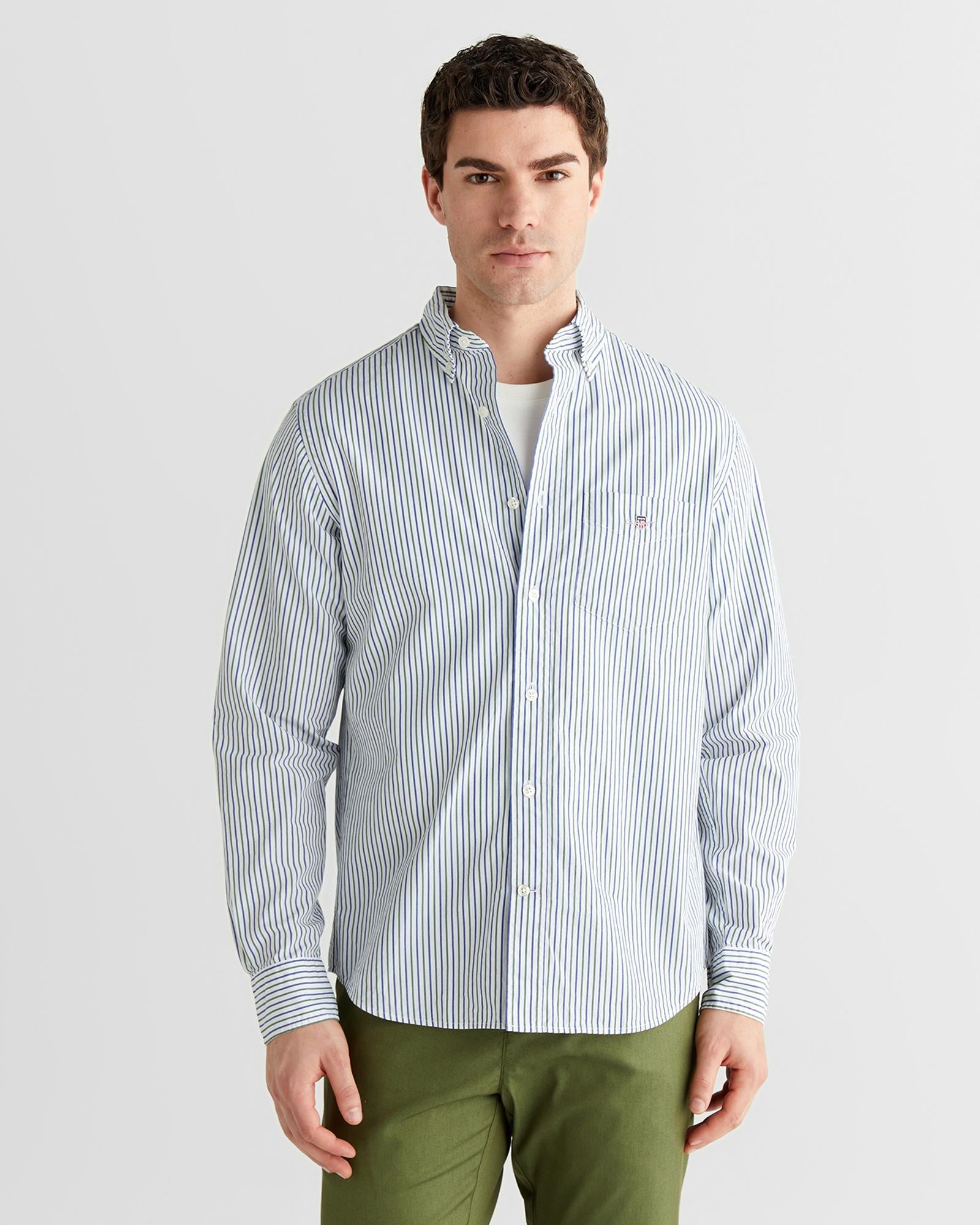 GANT Erkek Mavi Yeşil Çizgili Regular Fit Gömlek