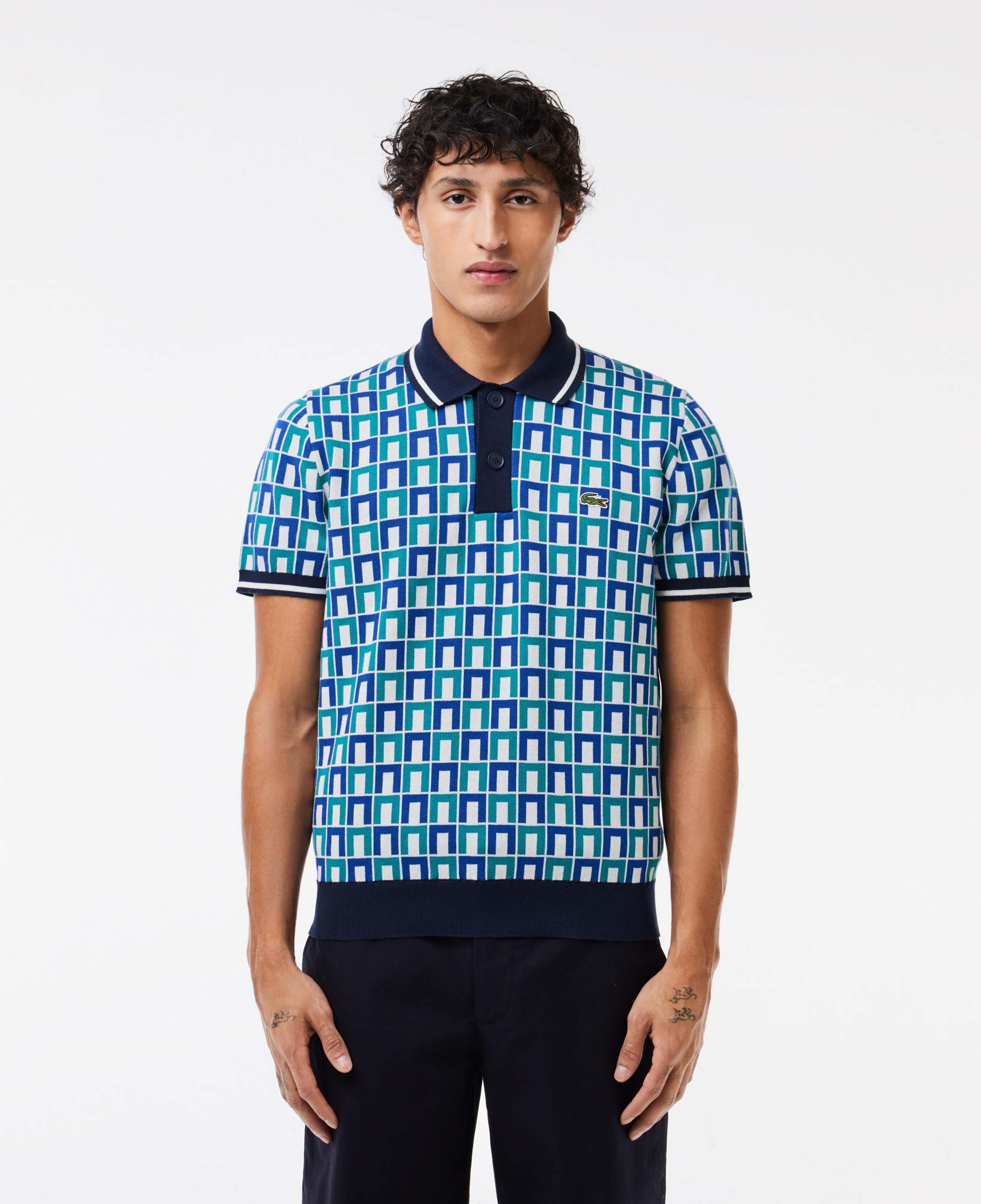 Erkek Regular Fit Gömlek Yaka Monogram Mavi Polo