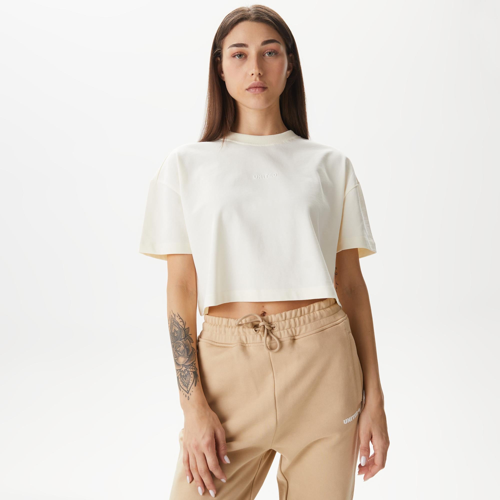 UNITED4 Kadın Krem Crop T-Shirt