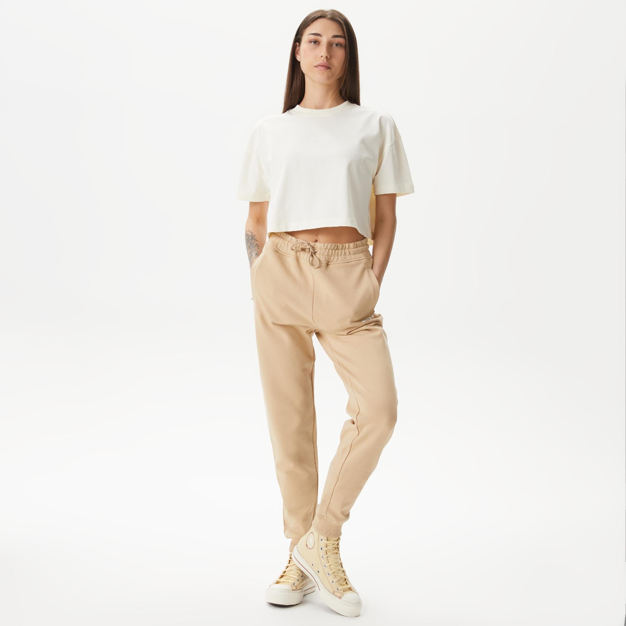UNITED4 Kadın Krem Crop T-Shirt