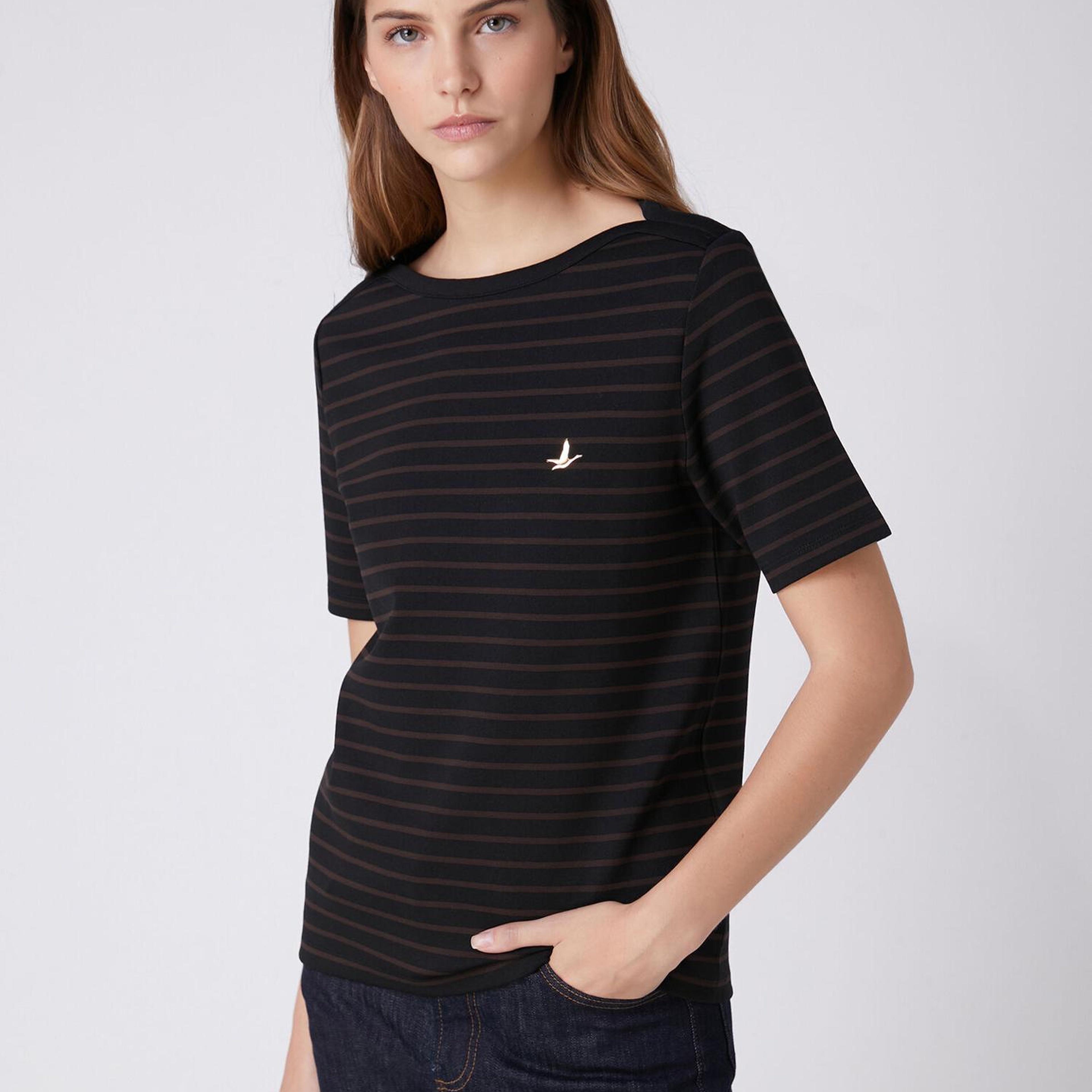 Beymen Club Kadın Siyah Kahve Çizgili T-shirt