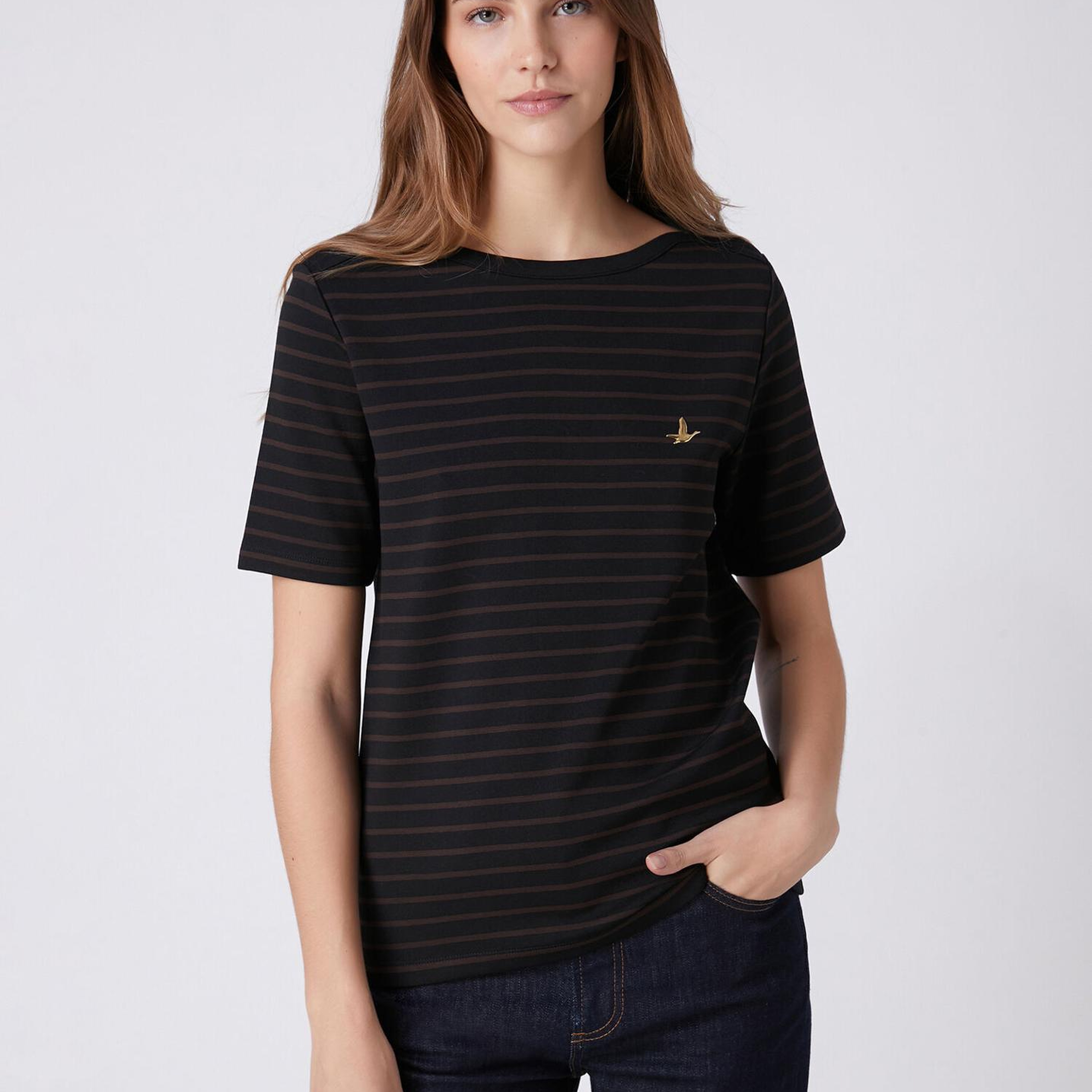 Beymen Club Kadın Siyah Kahve Çizgili T-shirt