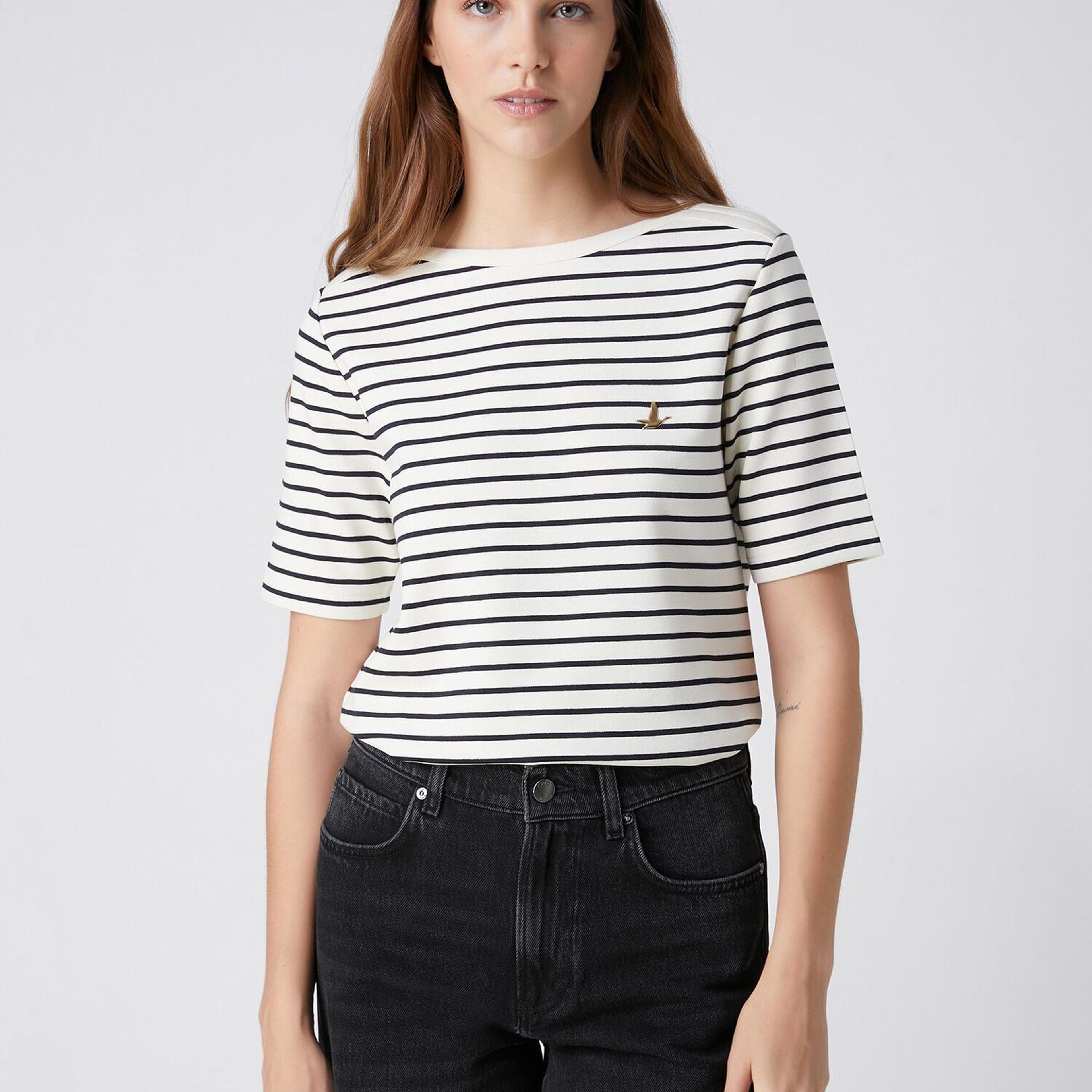 Beymen Club Kadın Lacivert Ekru Çizgi Desenli T-shirt