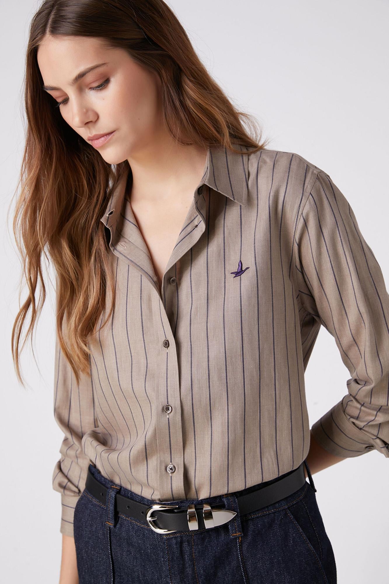Beymen Club Kadın Regular Fit Vizon Çizgili Gömlek