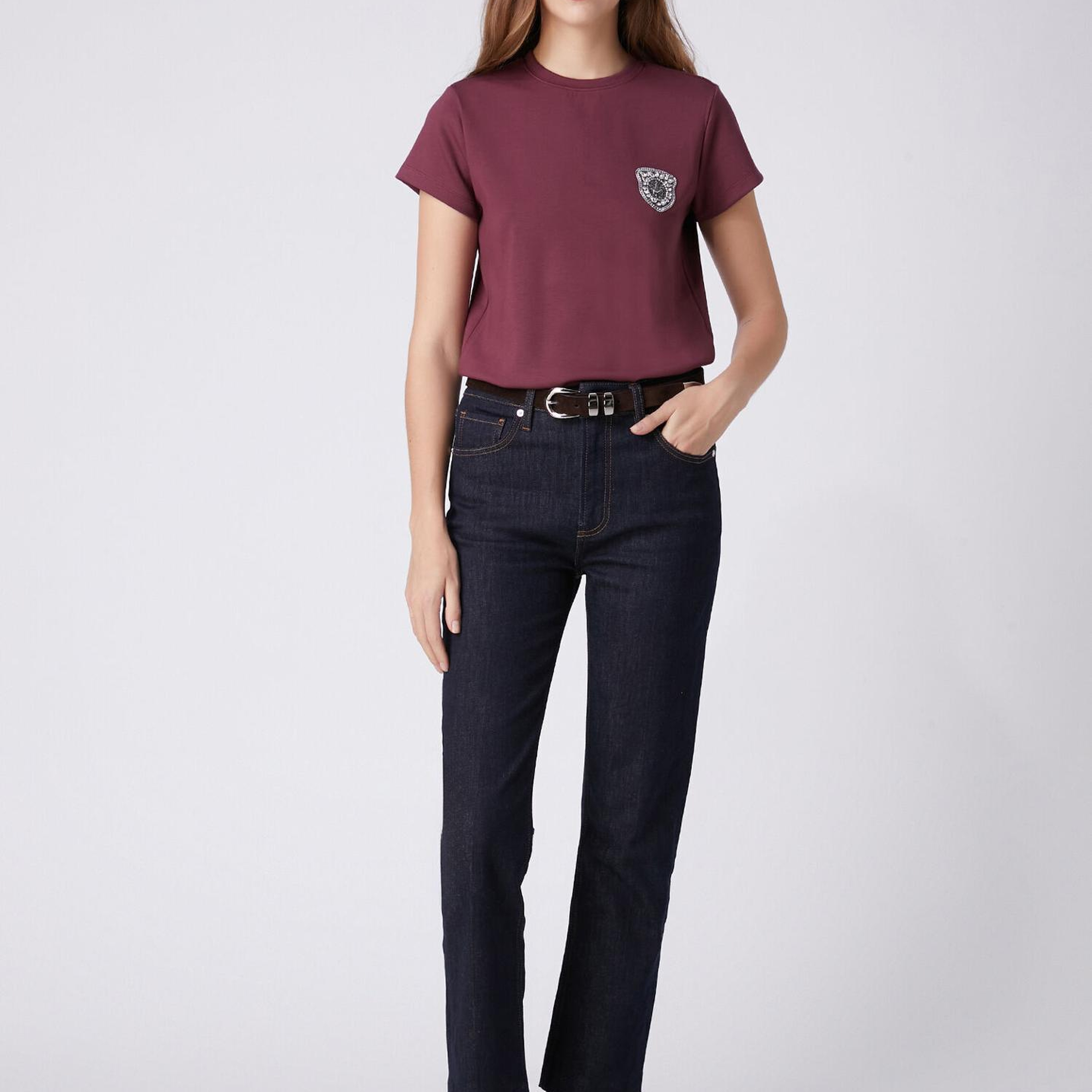 Beymen Club Kadın Bordo Taşlı Logo Detaylı T-shirt