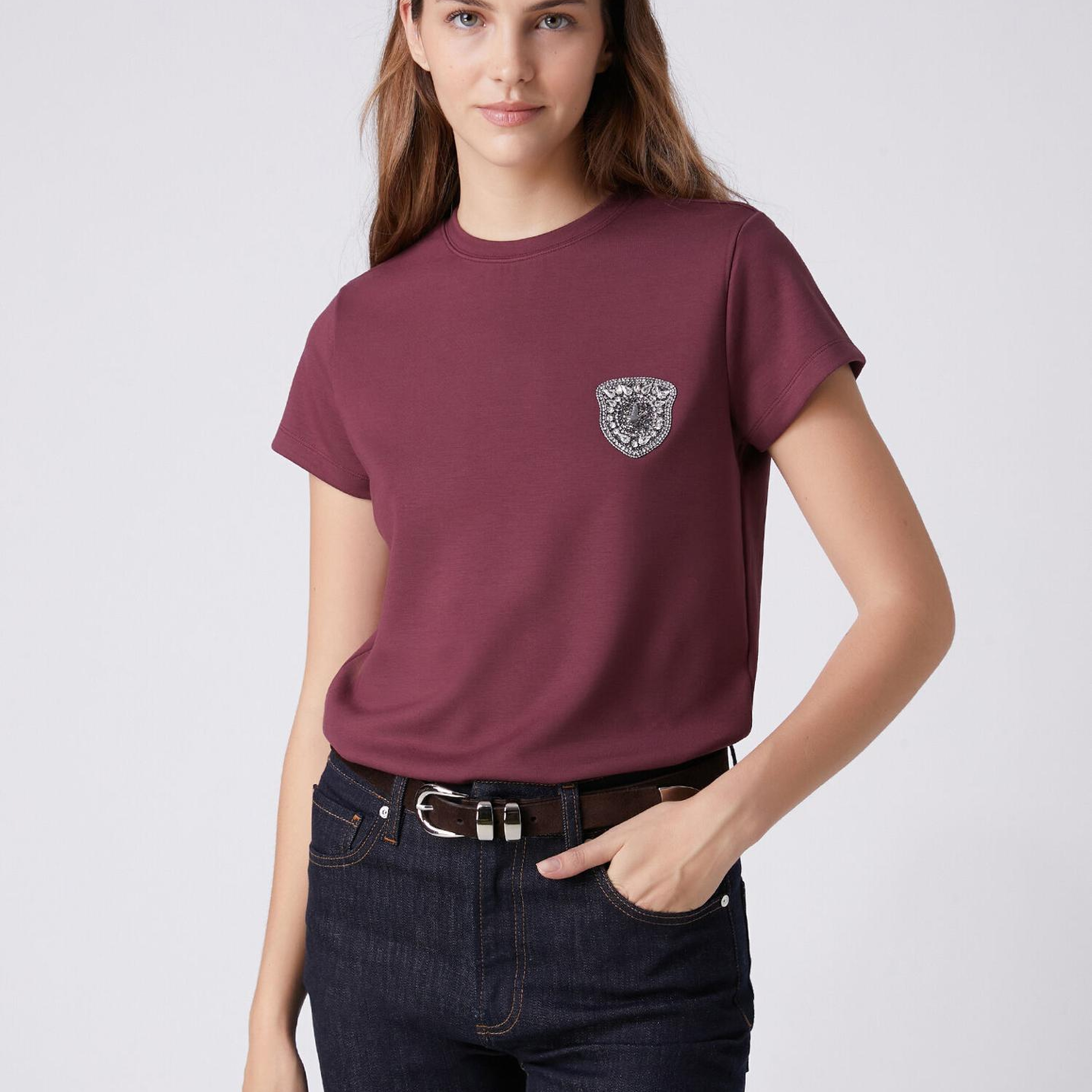 Beymen Club Kadın Bordo Taşlı Logo Detaylı T-shirt