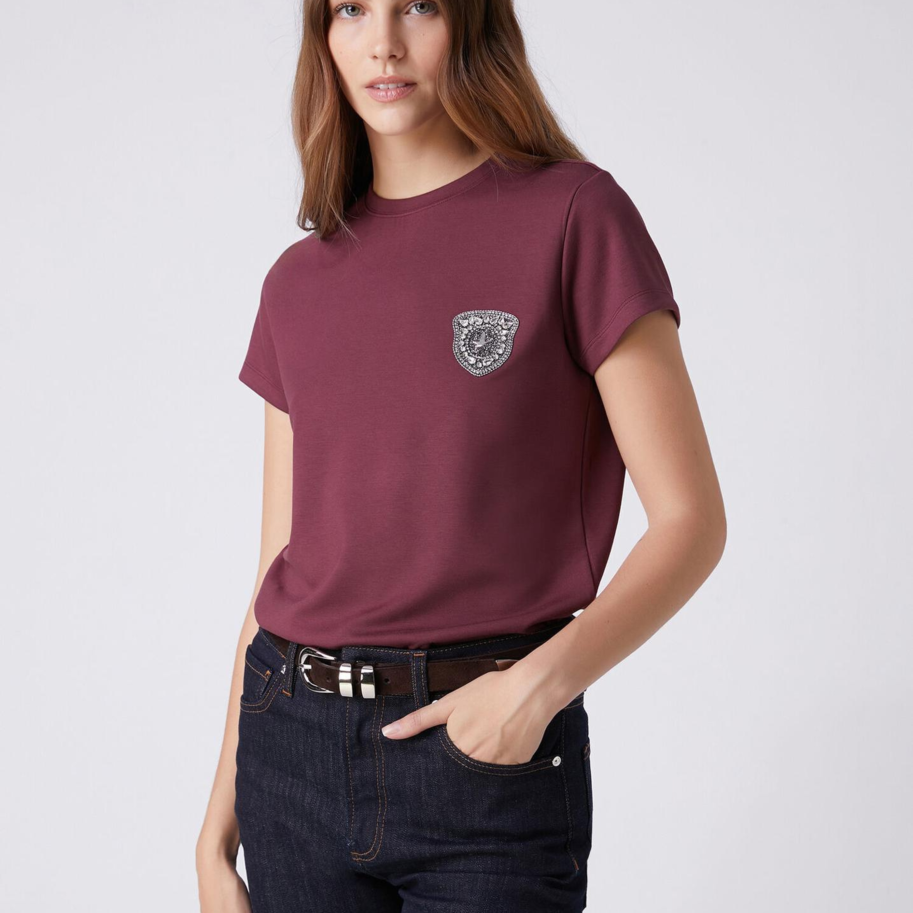 Beymen Club Kadın Bordo Taşlı Logo Detaylı T-shirt