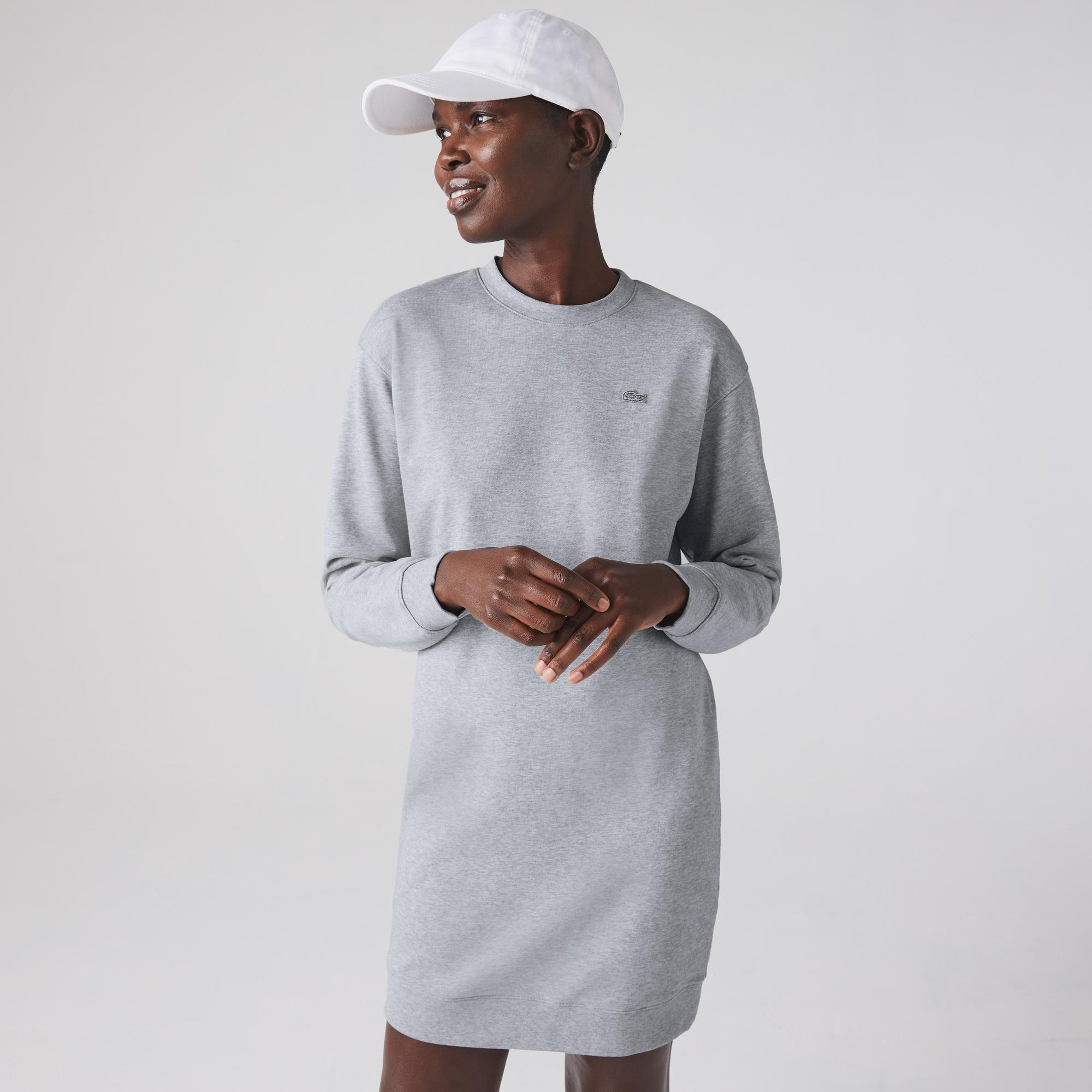 Lacoste Kadın Loose Fit Uzun Kollu Bisiklet Yaka Desenli Gri Elbise