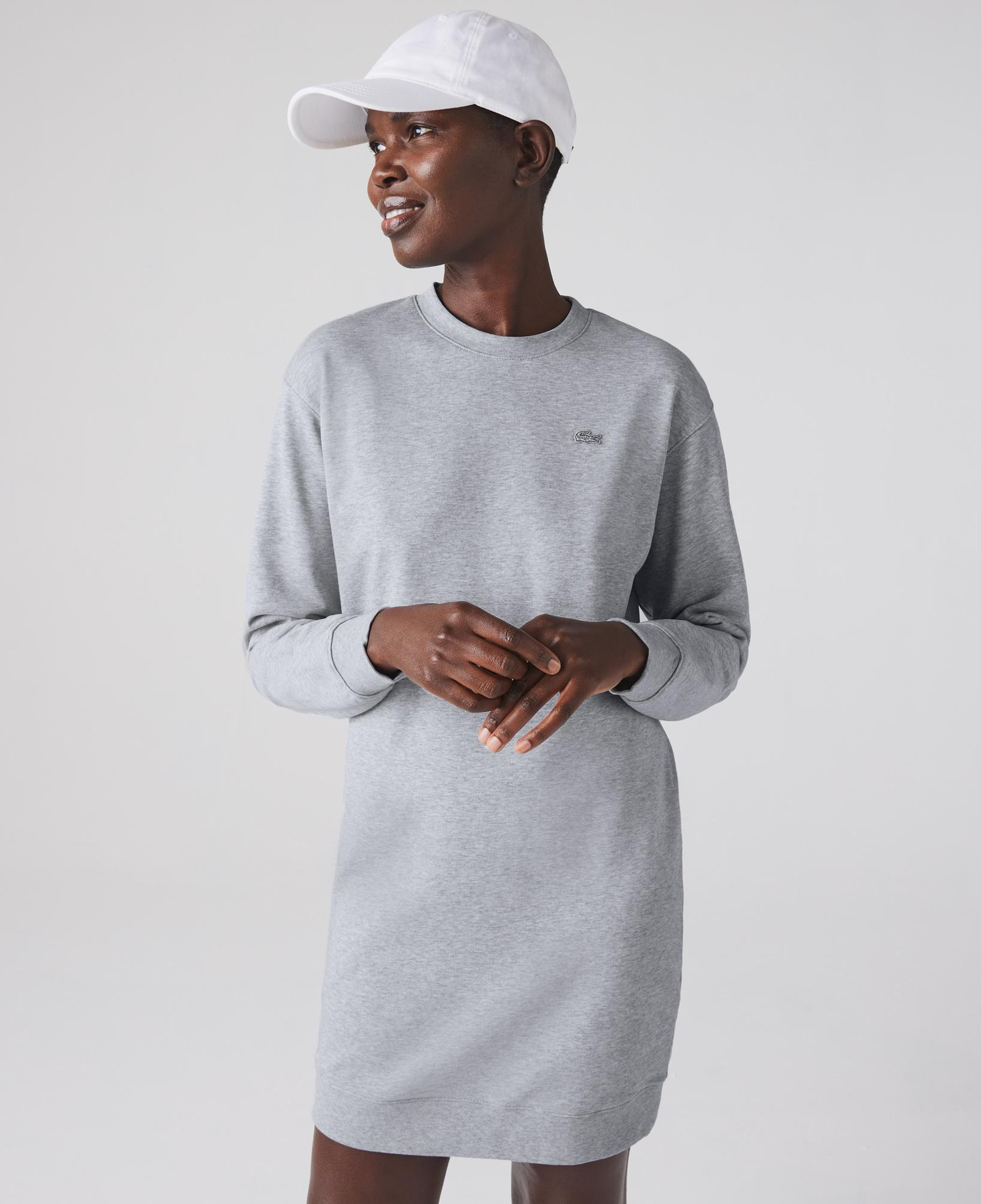 Lacoste Kadın Loose Fit Uzun Kollu Bisiklet Yaka Desenli Gri Elbise