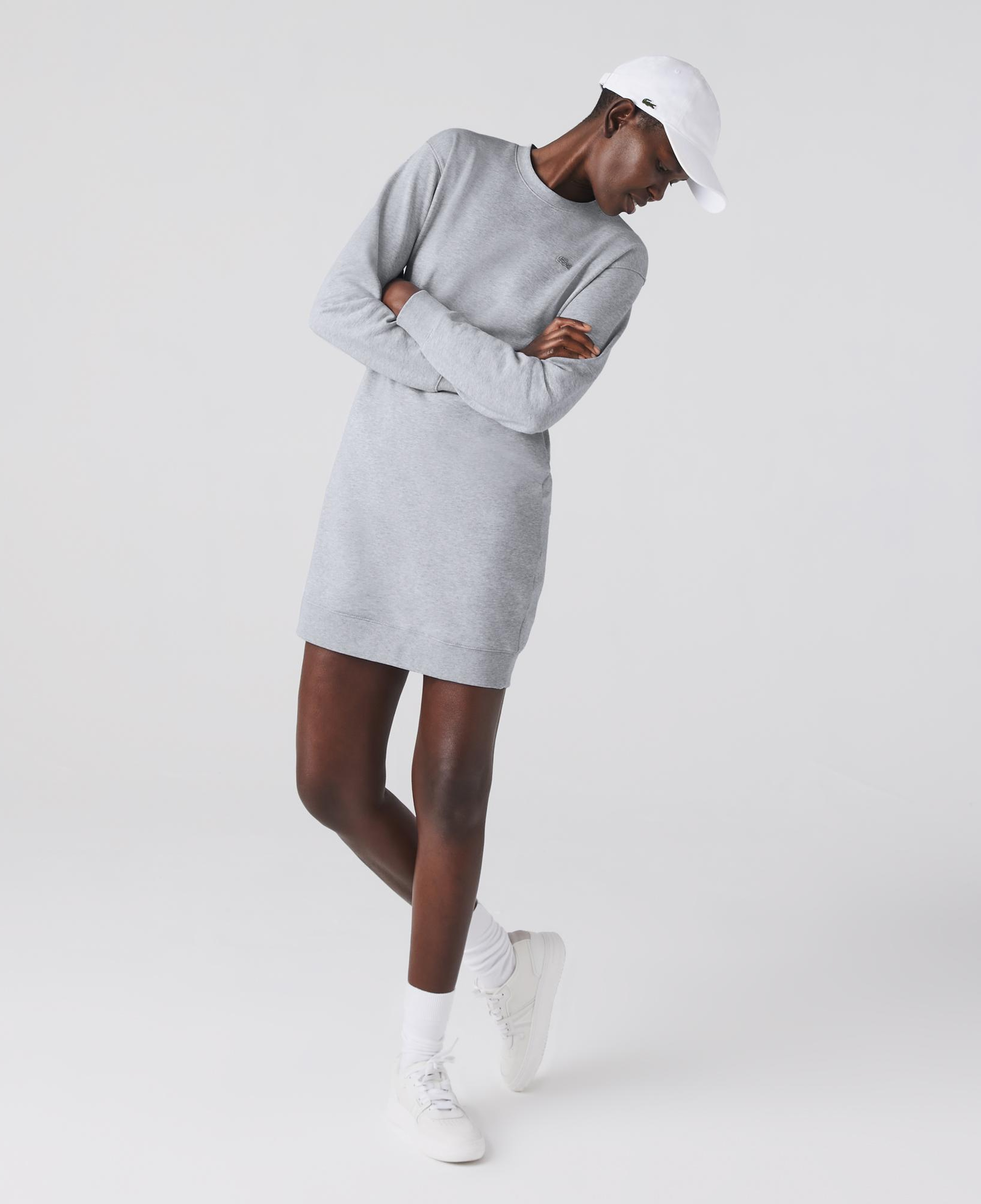 Lacoste Kadın Loose Fit Uzun Kollu Bisiklet Yaka Desenli Gri Elbise
