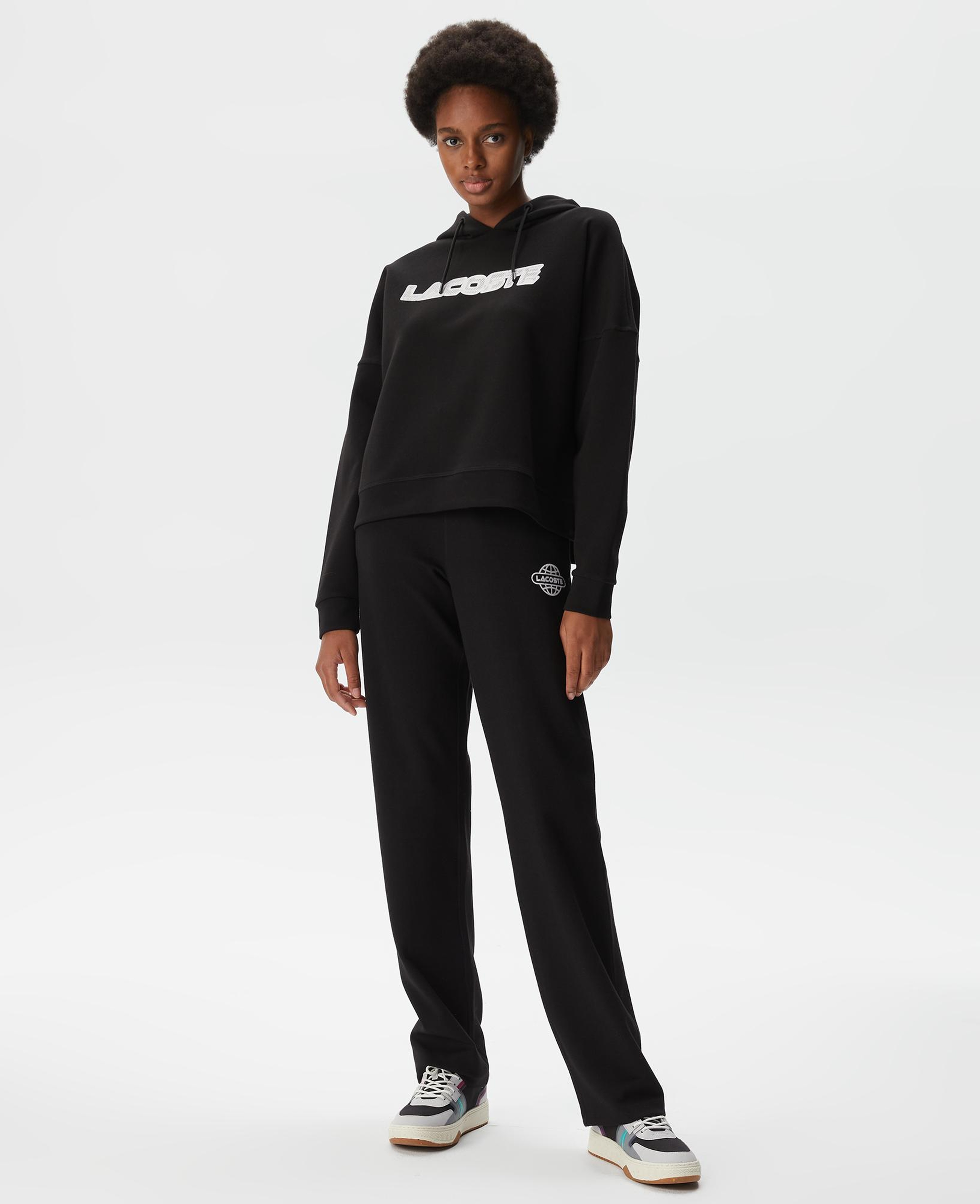 Kadın Crop Fit Kapüşonlu Baskılı Siyah Sweatshirt