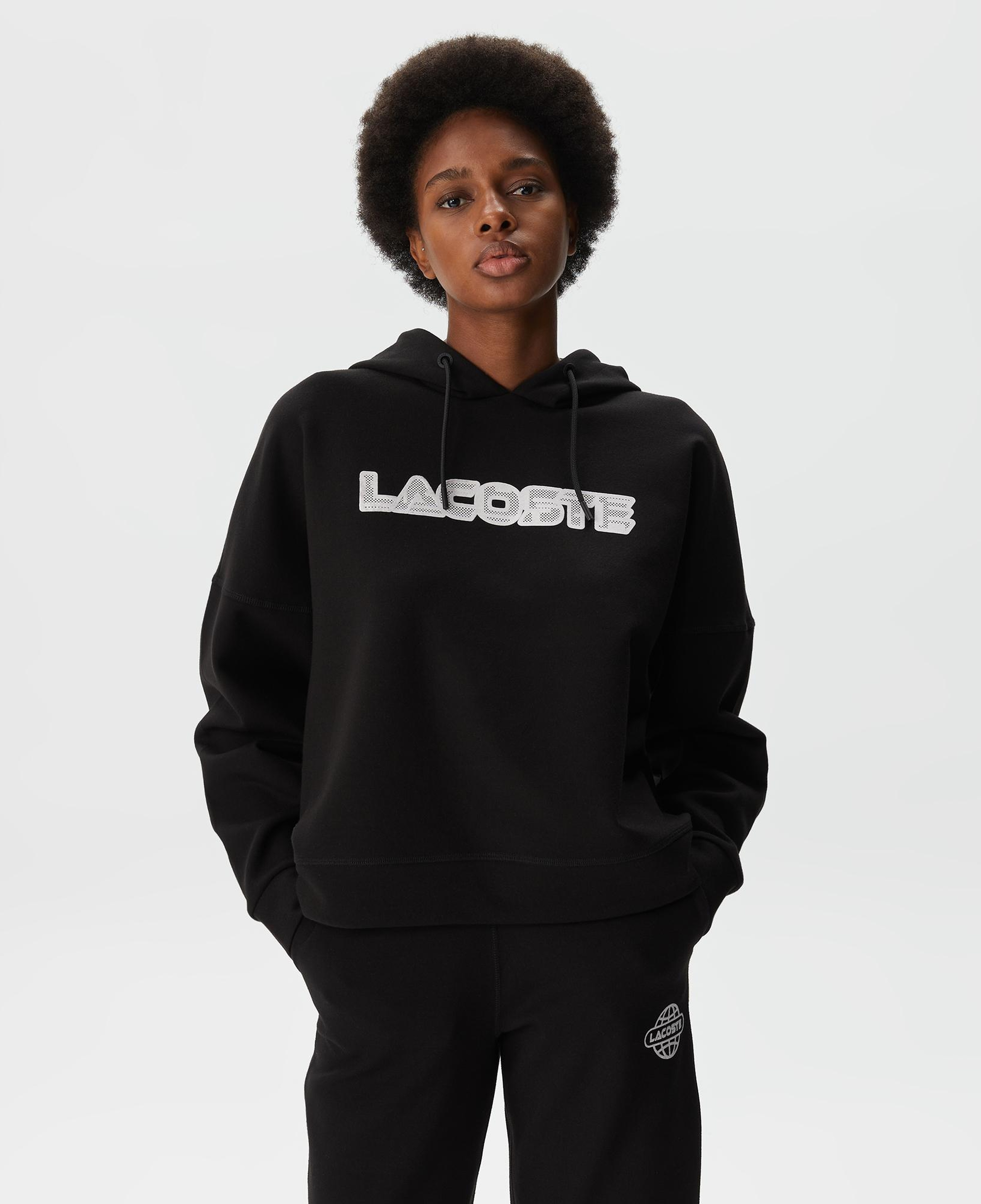 Kadın Crop Fit Kapüşonlu Baskılı Siyah Sweatshirt