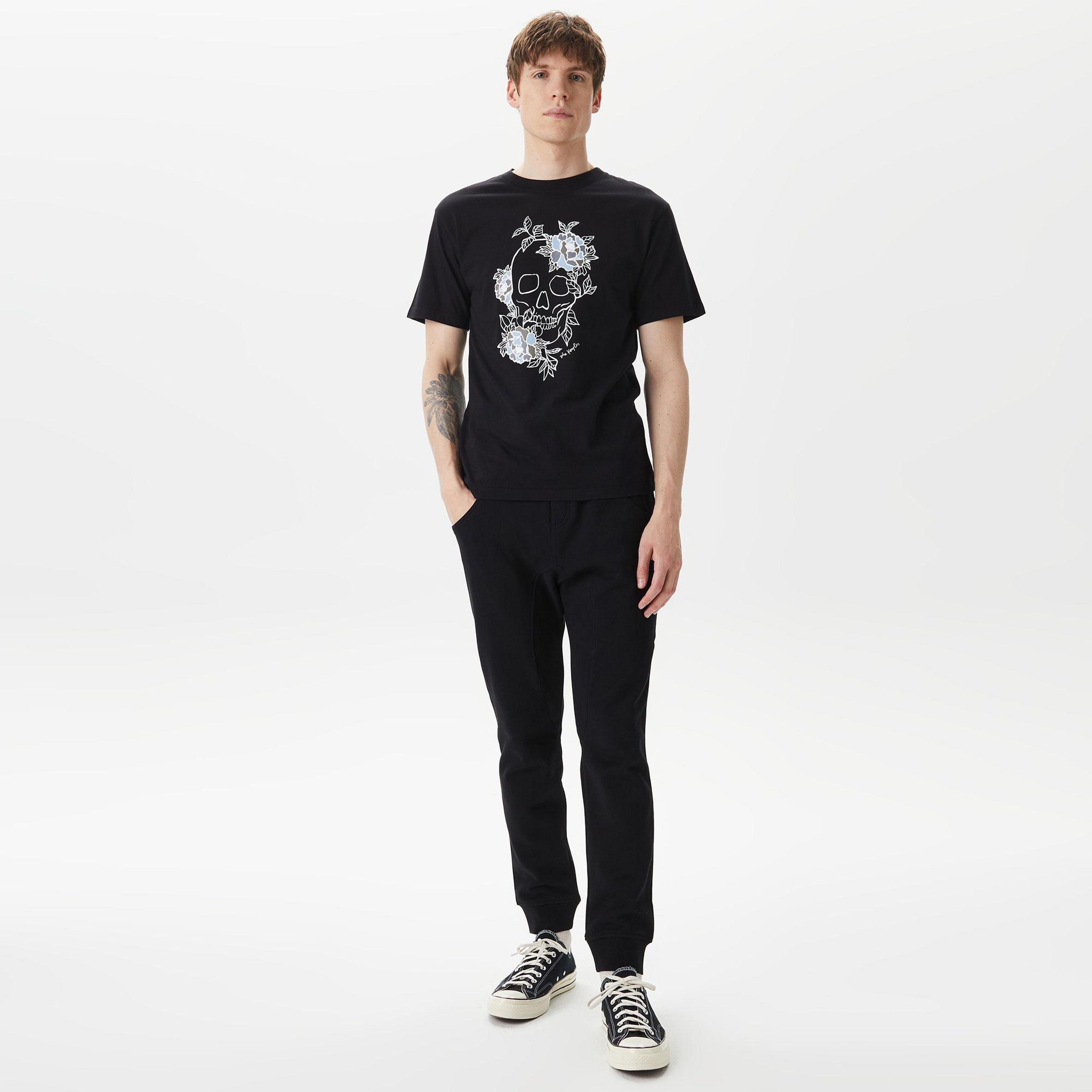 ERKEK BASKILI BİSİKLET YAKA SİYAH T-SHIRT