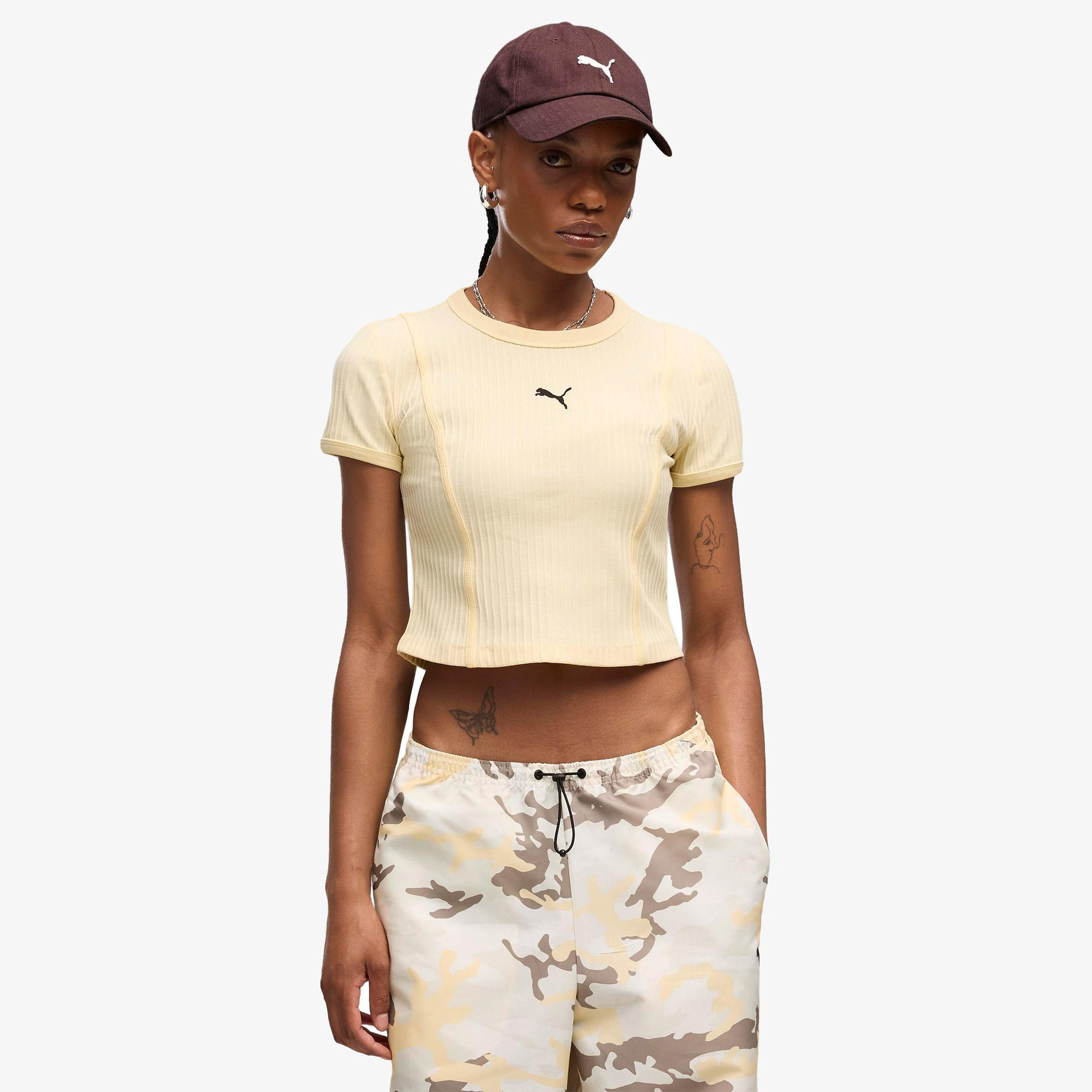 Puma Essential Ribbed Baby Kadın Bej T-Shirt