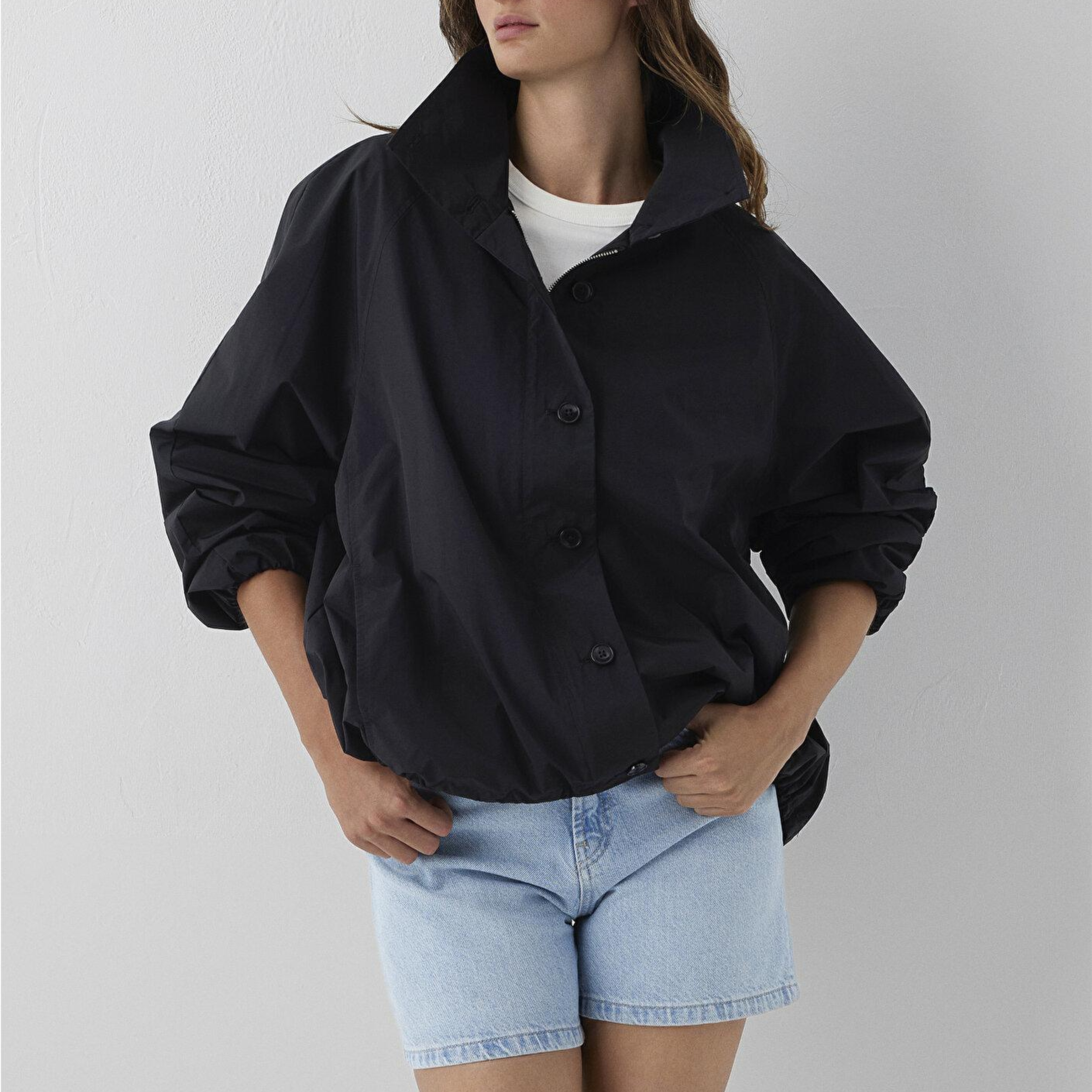 Mavi Dik Yaka Siyah Ceket Oversize / Geniş Kesim 1110870-900