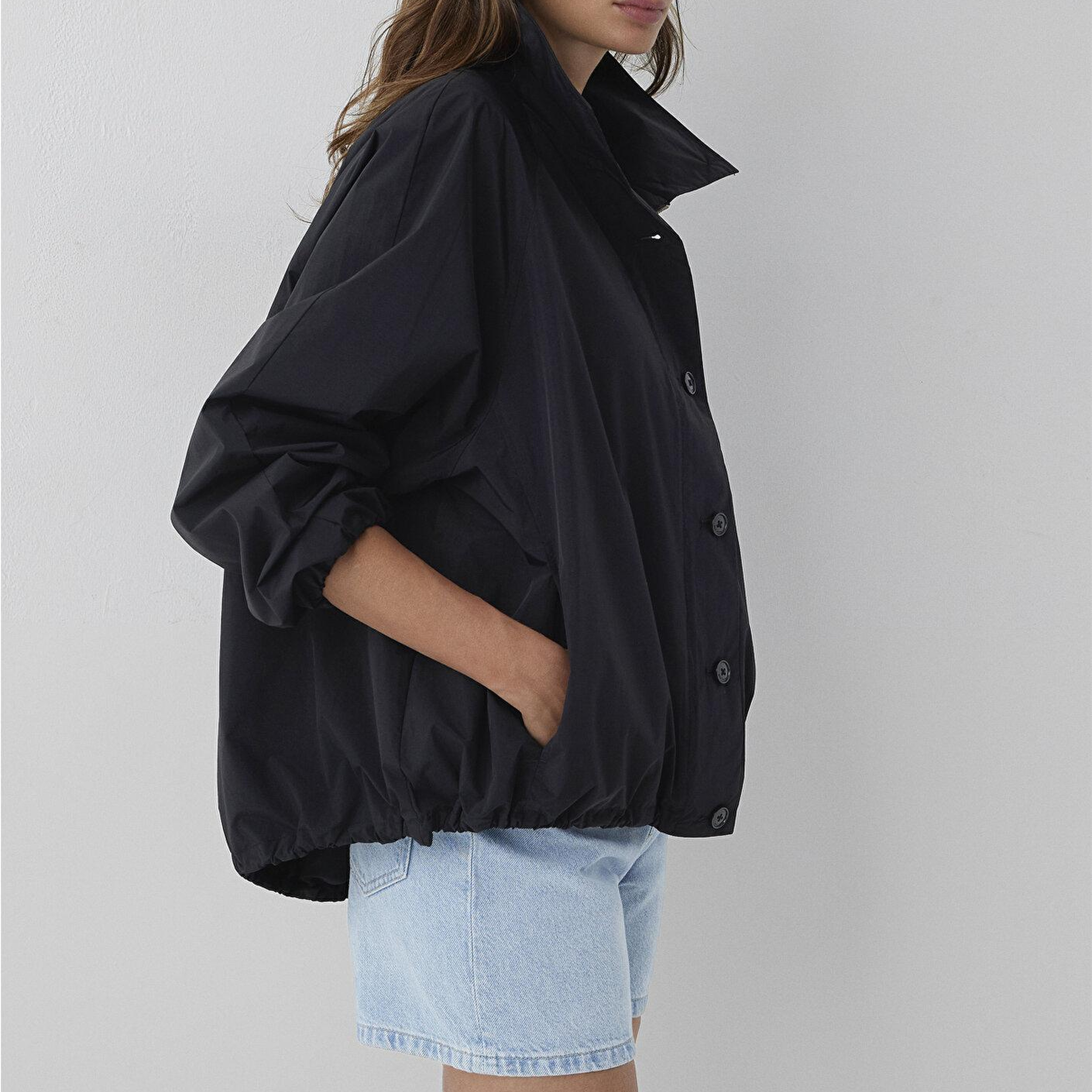 Mavi Dik Yaka Siyah Ceket Oversize / Geniş Kesim 1110870-900
