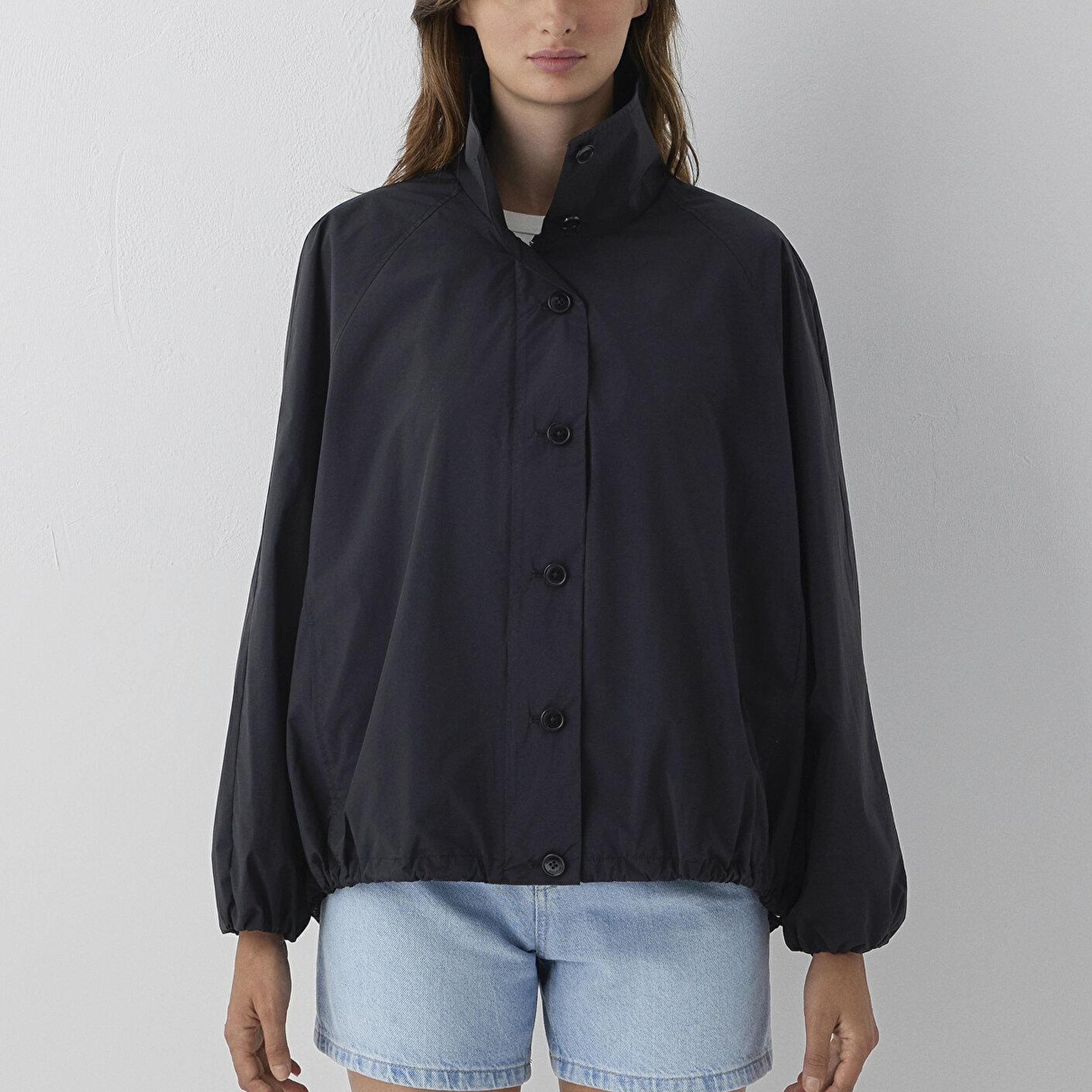 Mavi Dik Yaka Siyah Ceket Oversize / Geniş Kesim 1110870-900