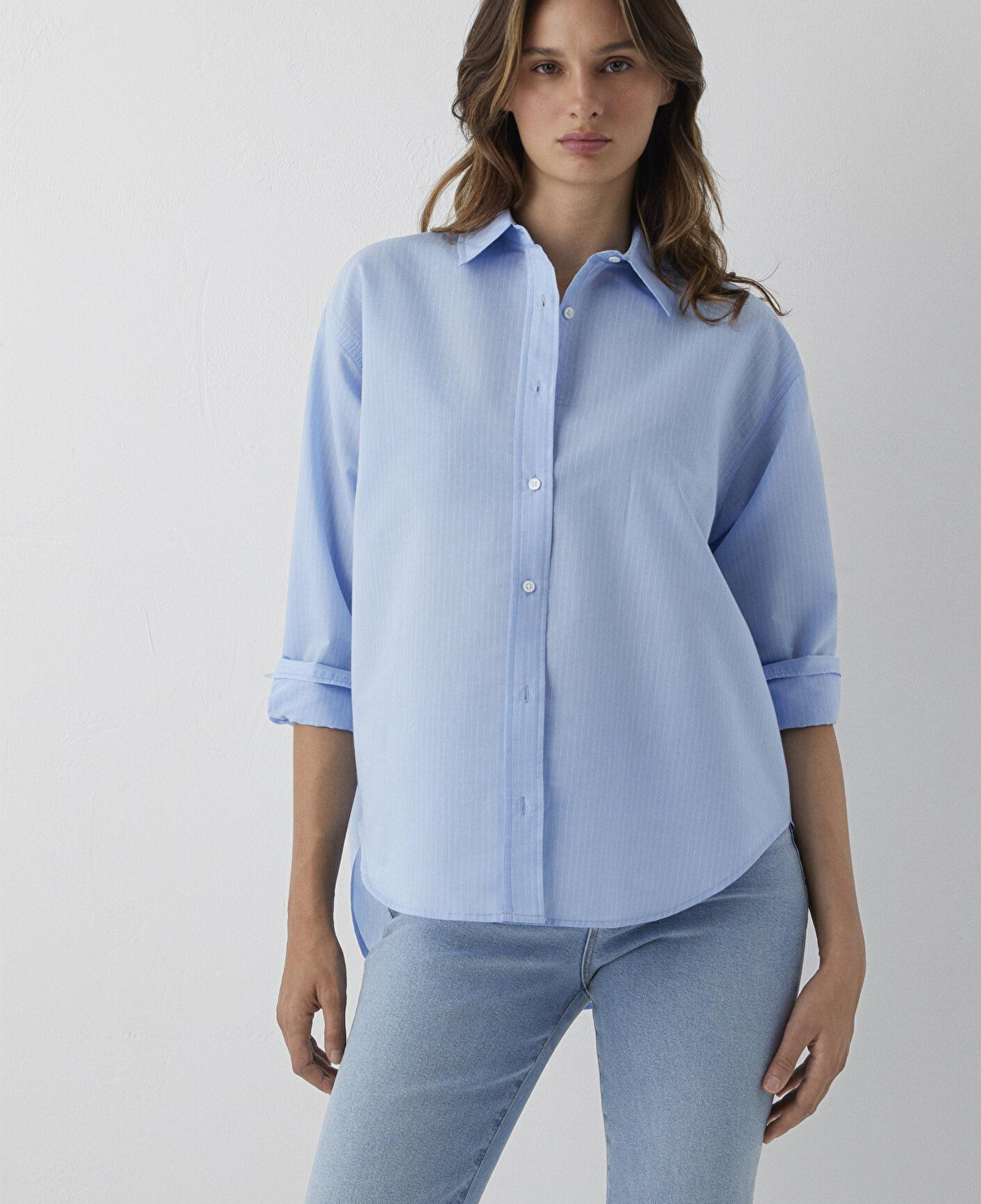 Mavi Çizgili Mavi Gömlek Oversize / Geniş Kesim 1211495-81474