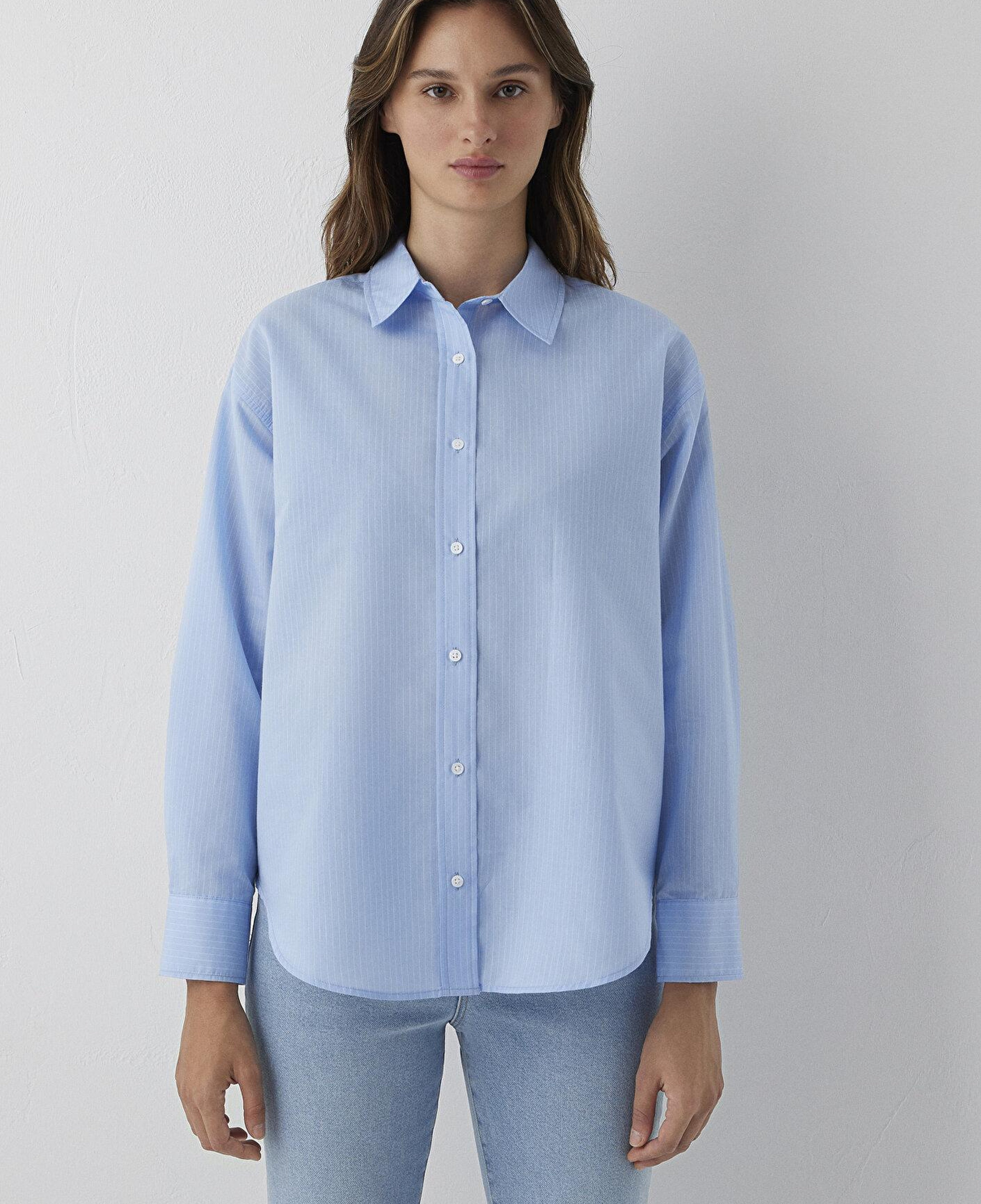 Mavi Çizgili Mavi Gömlek Oversize / Geniş Kesim 1211495-81474