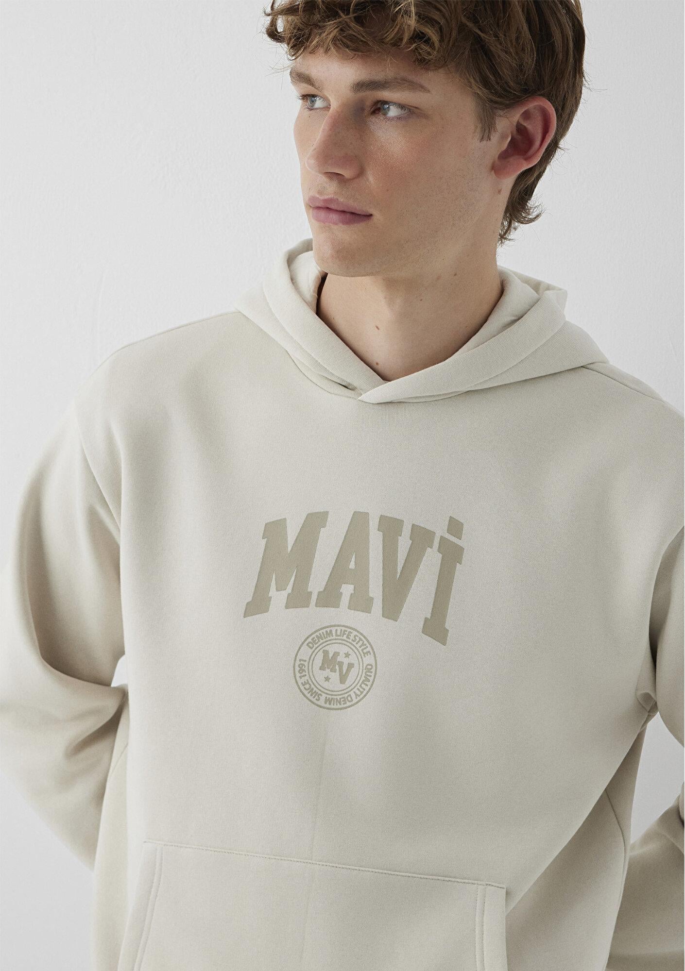 Mavi Mavi Logo Baskılı Kapüşonlu Bej Sweatshirt 0S10646-70144