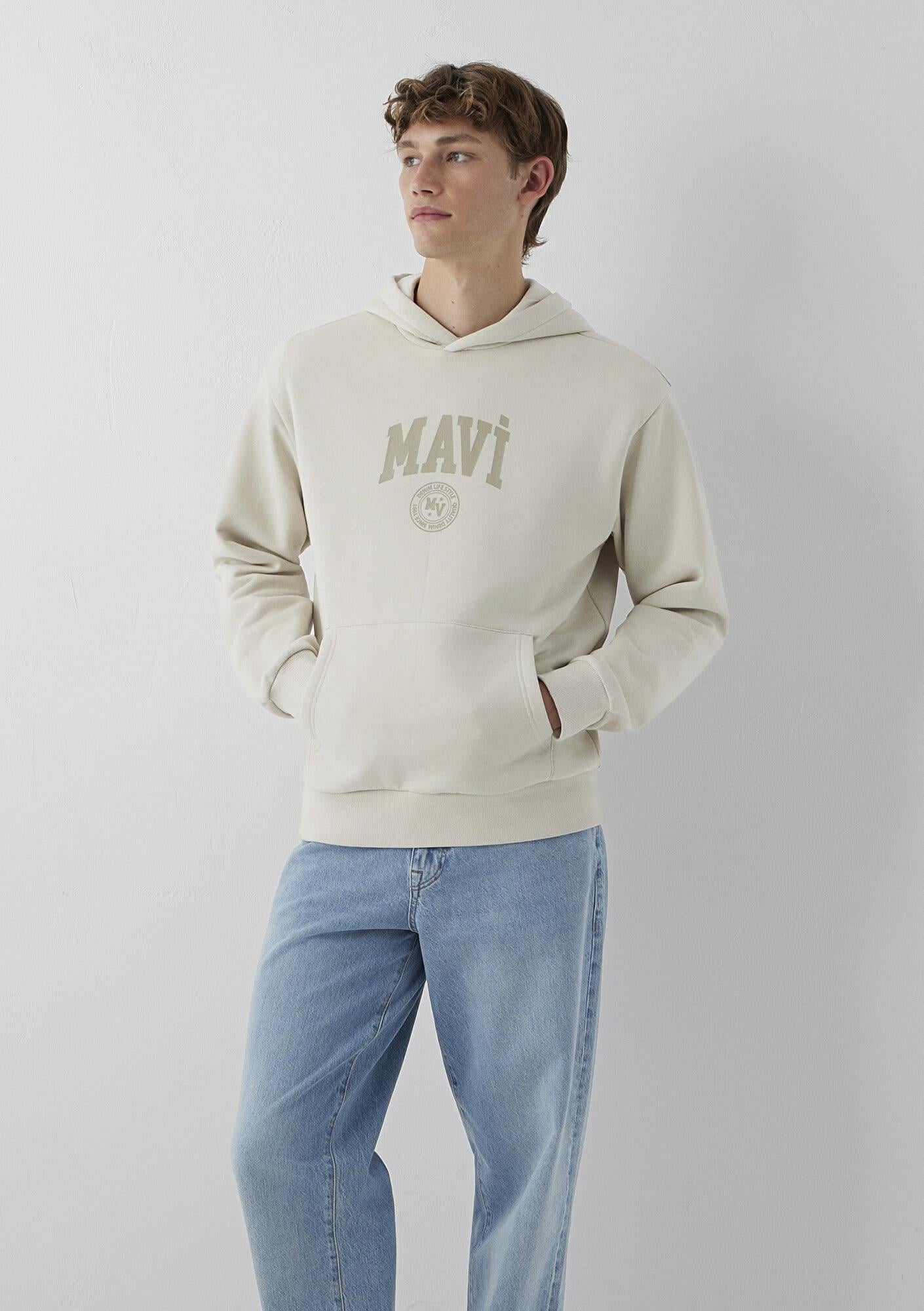 Mavi Mavi Logo Baskılı Kapüşonlu Bej Sweatshirt 0S10646-70144