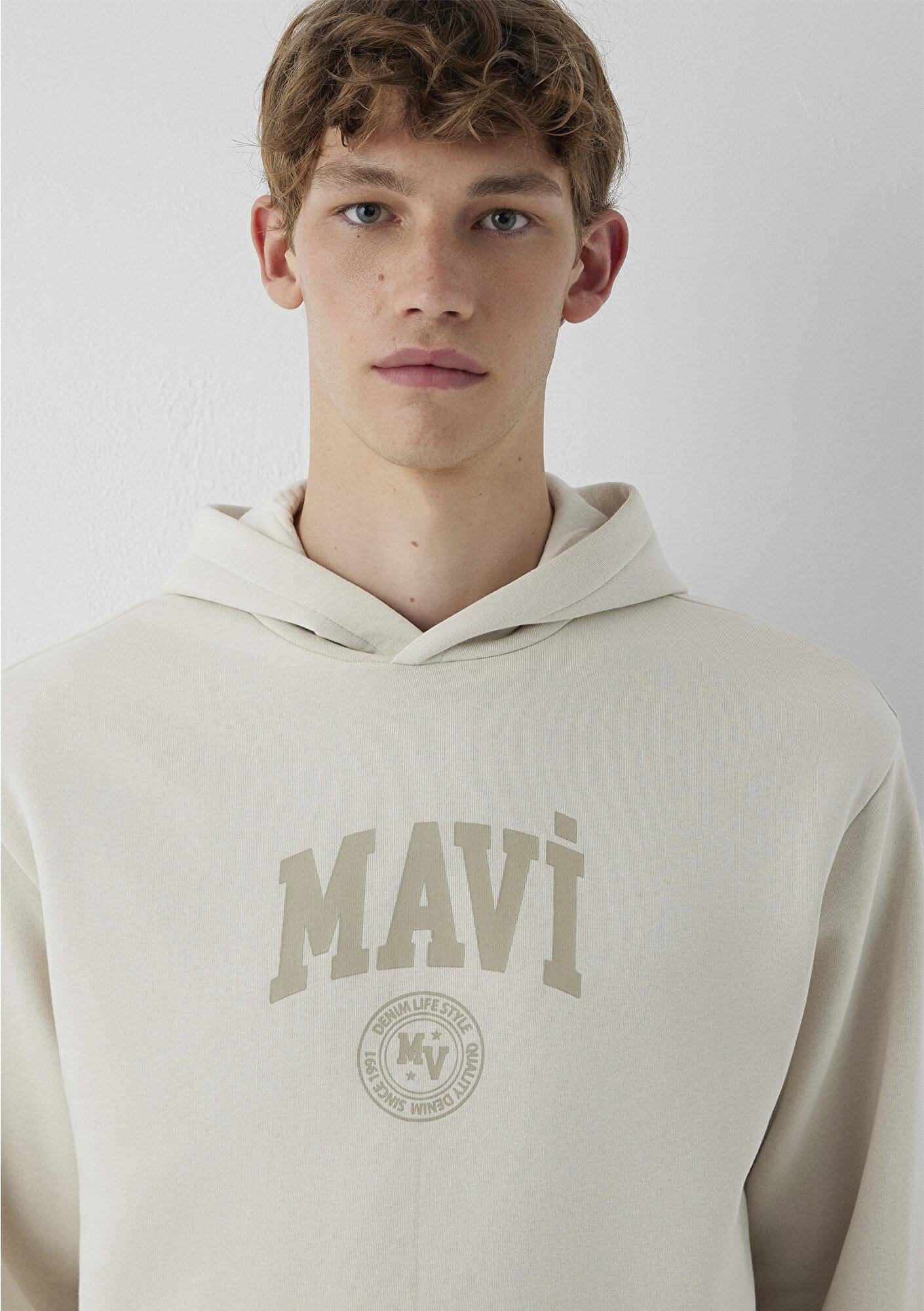 Mavi Mavi Logo Baskılı Kapüşonlu Bej Sweatshirt 0S10646-70144