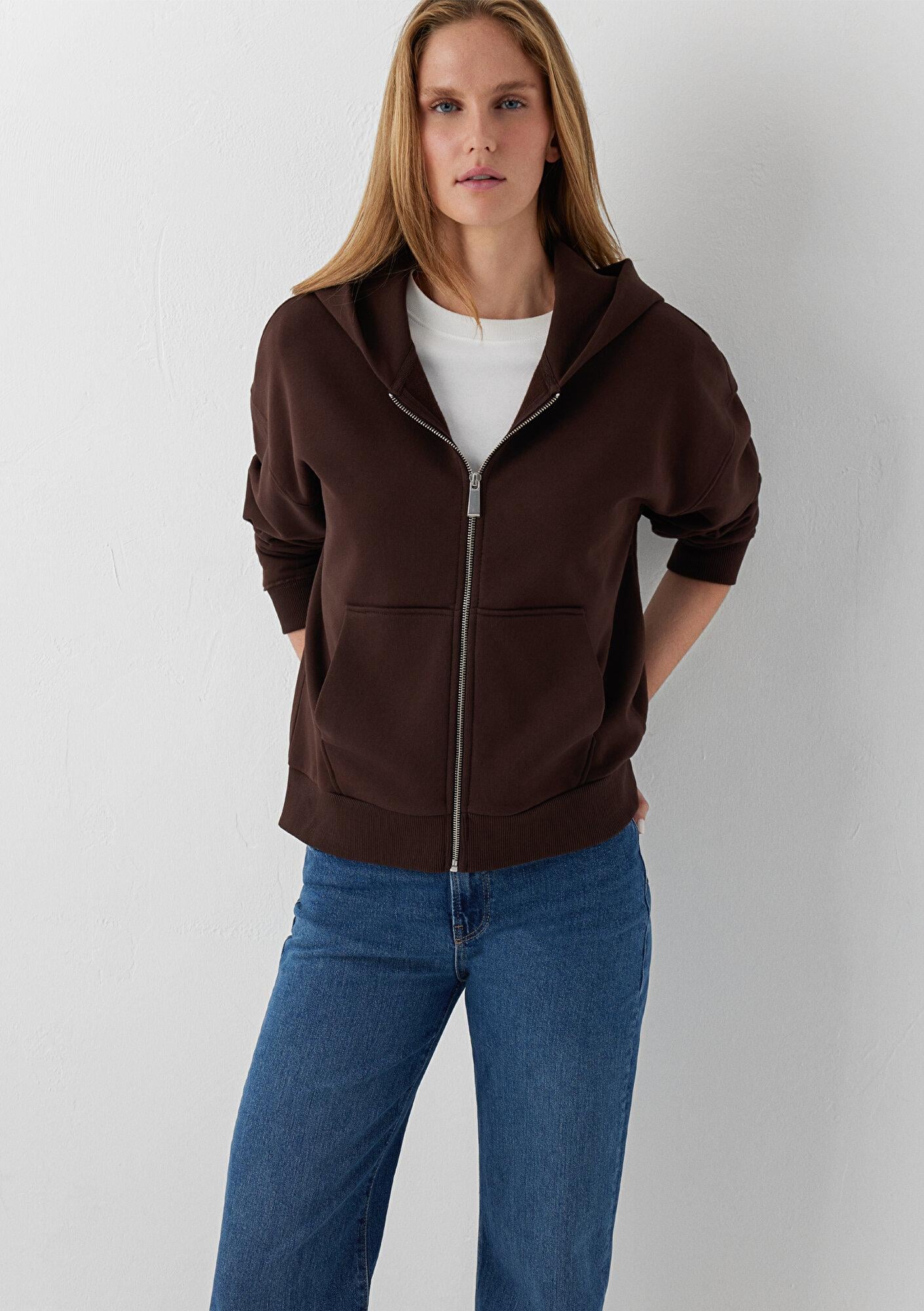 Mavi Kapüşonlu Kahverengi Basic Sweatshirt 1S10570-70236