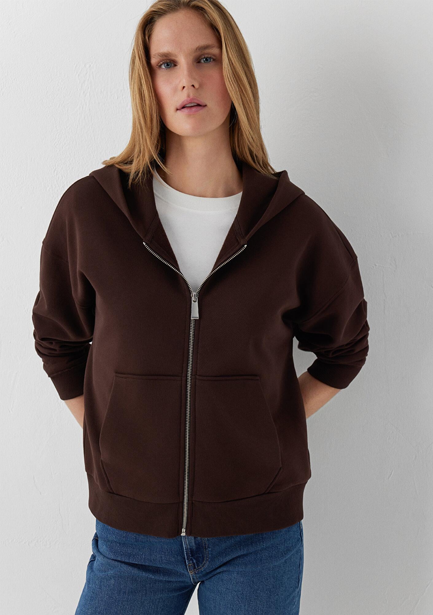 Mavi Kapüşonlu Kahverengi Basic Sweatshirt 1S10570-70236