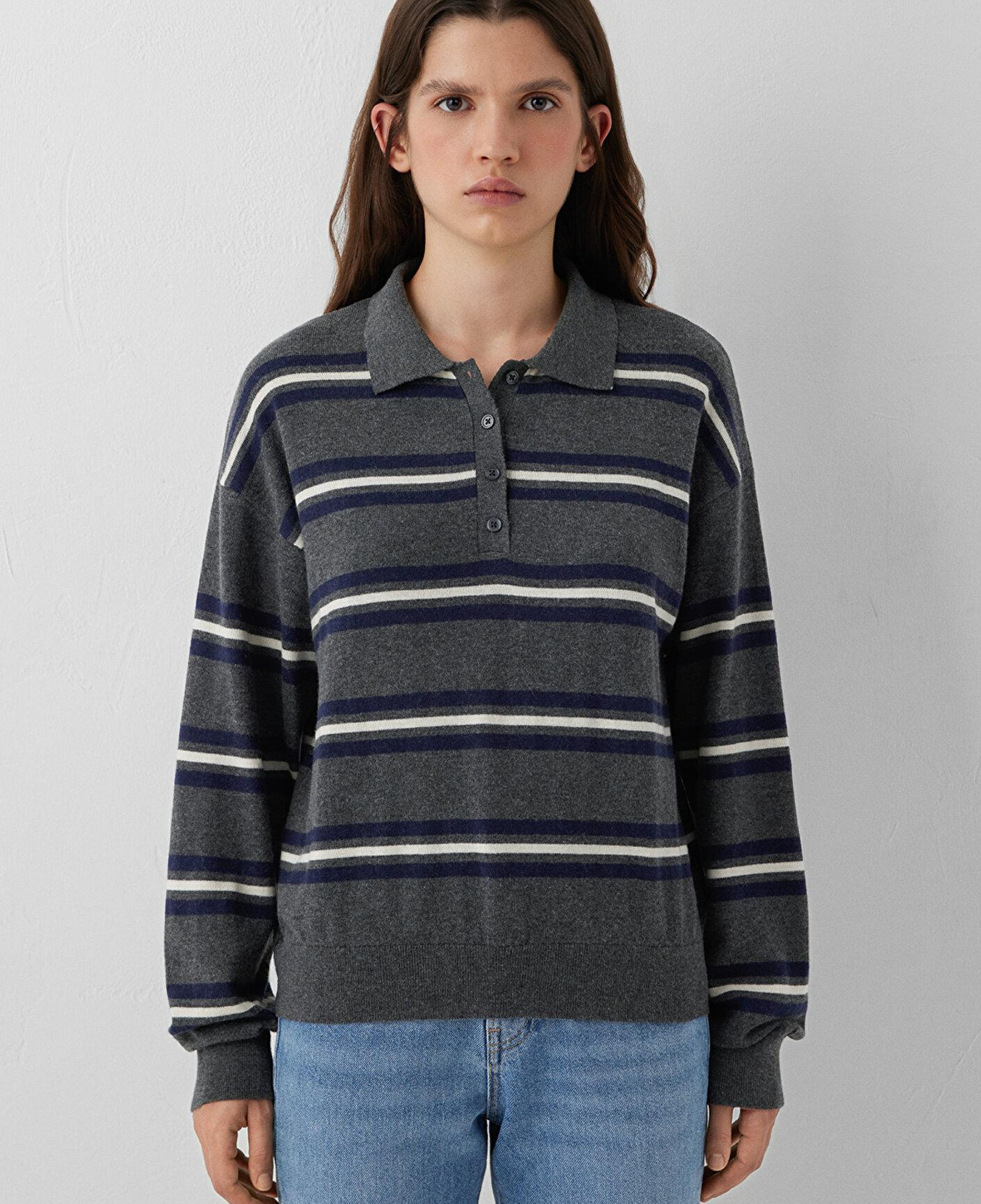 Mavi Çizgili Polo Yaka Gri Triko Regular Fit / Normal Kesim 1711026-91733