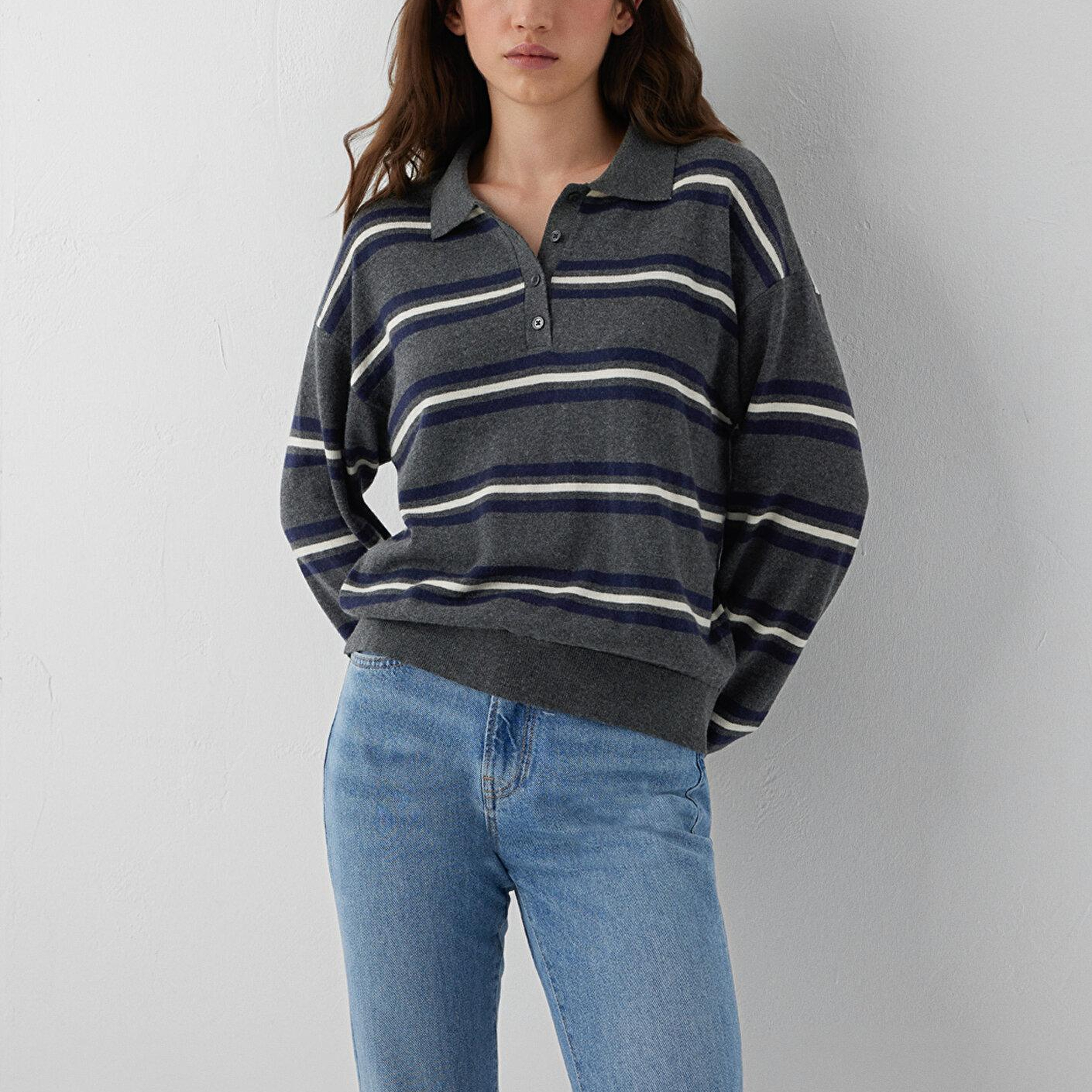 Mavi Çizgili Polo Yaka Gri Triko Regular Fit / Normal Kesim 1711026-91733