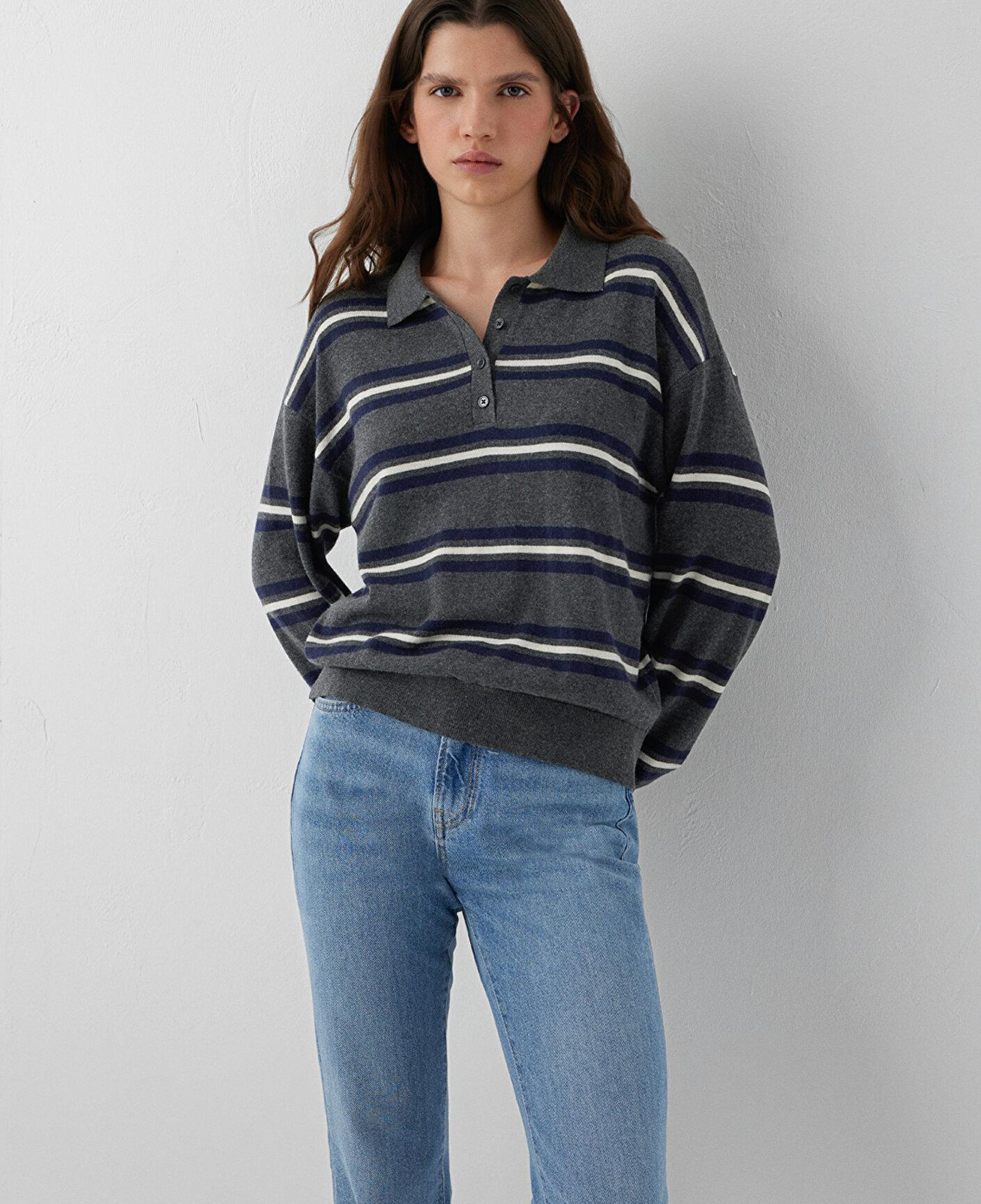Mavi Çizgili Polo Yaka Gri Triko Regular Fit / Normal Kesim 1711026-91733