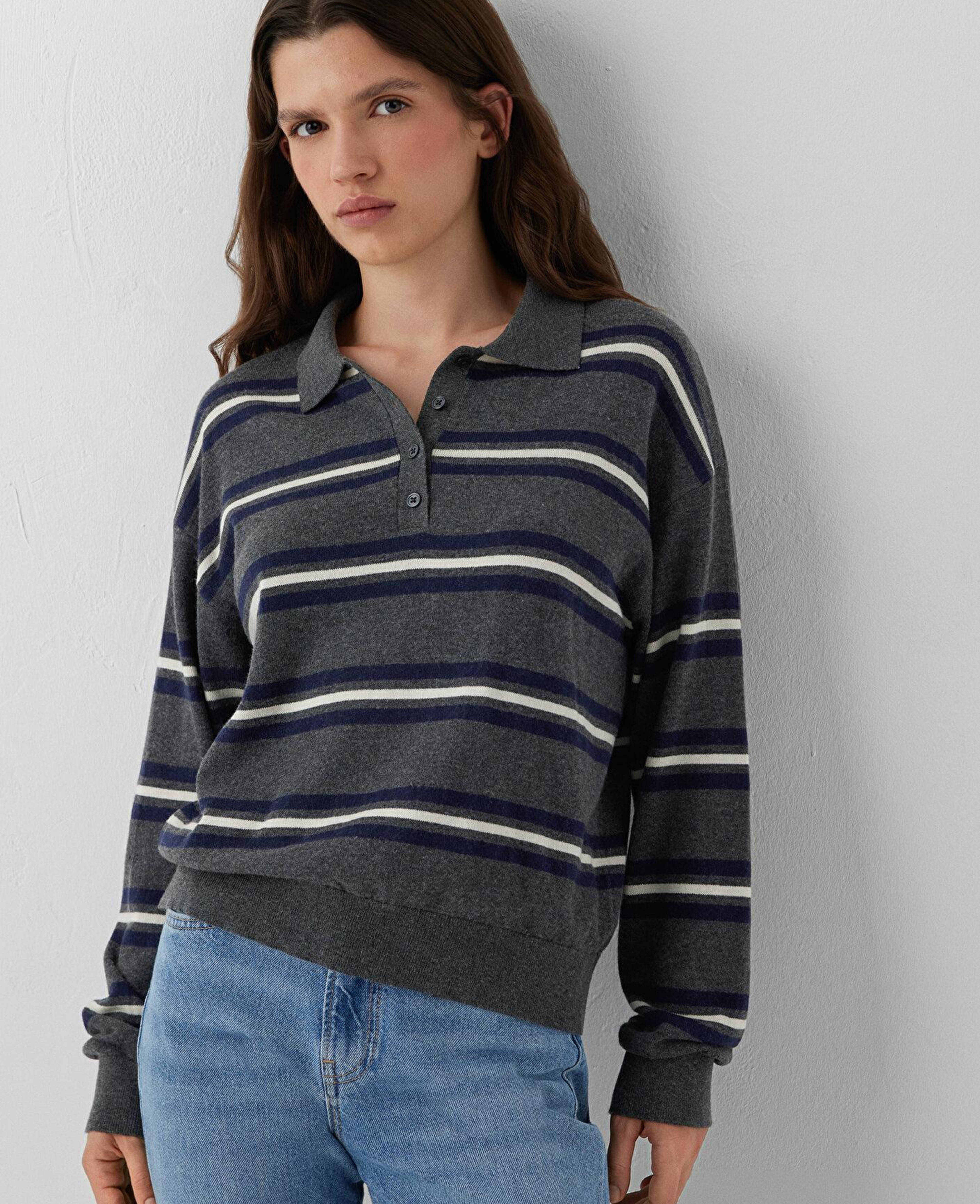 Mavi Çizgili Polo Yaka Gri Triko Regular Fit / Normal Kesim 1711026-91733