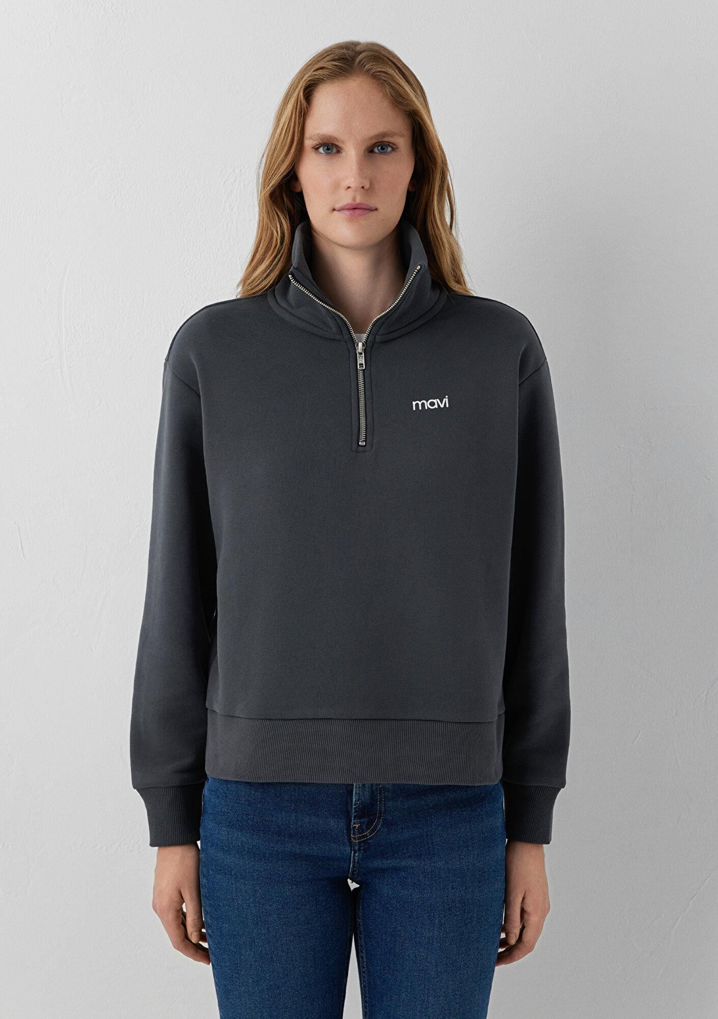 Mavi Mavi Mini Logo Yarı Fermuarlı Gri Sweatshirt 1S10564-91268