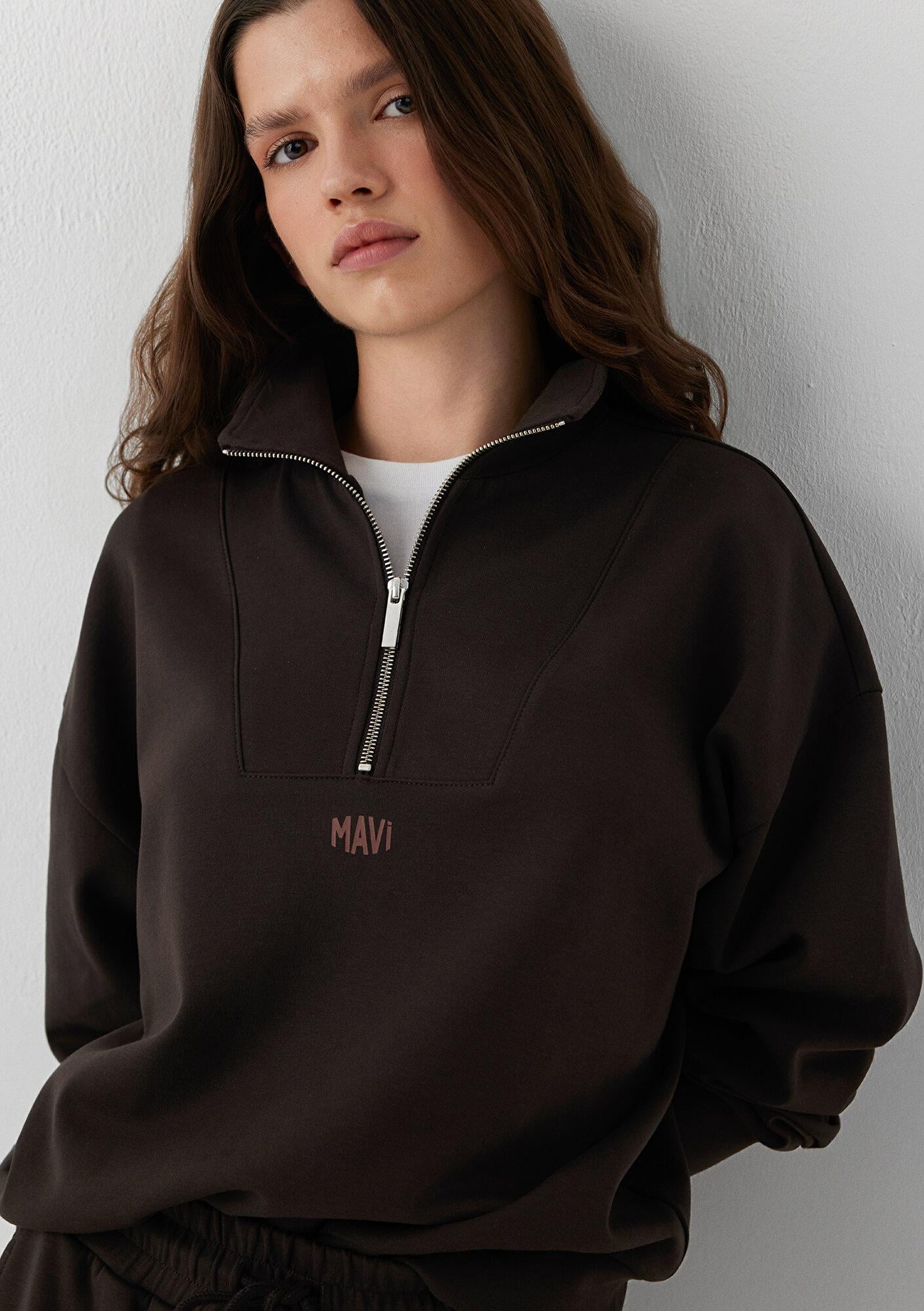 Mavi Yarı Fermuarlı Kahverengi İnterlok Sweatshirt 1S20016-70240