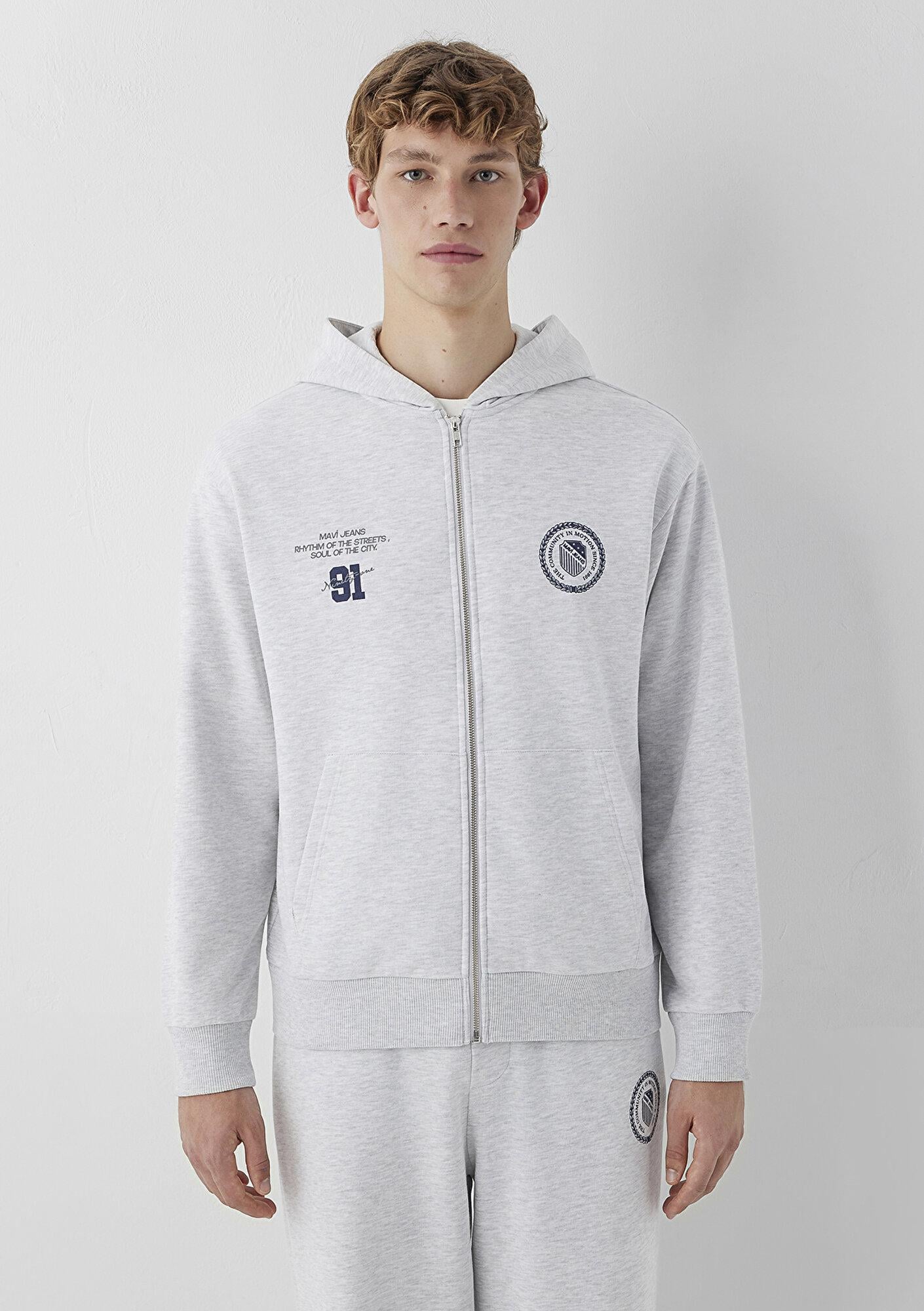 Mavi Mavi Logo Baskılı Kapüşonlu Fermuarlı Gri Sweatshirt 0S10682-80196