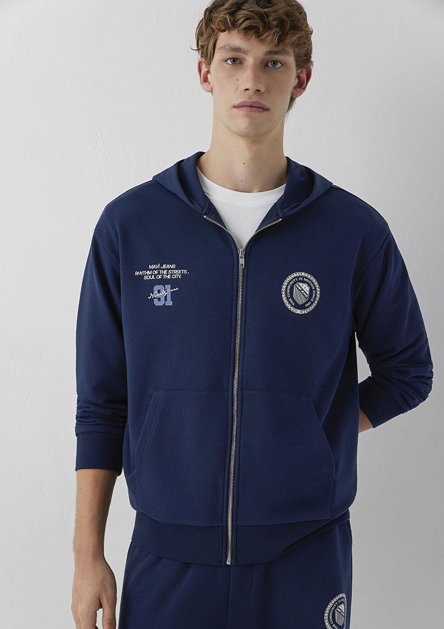 Mavi Mavi Logo Baskılı Kapüşonlu Fermuarlı Lacivert Sweatshirt 0S10682-82318