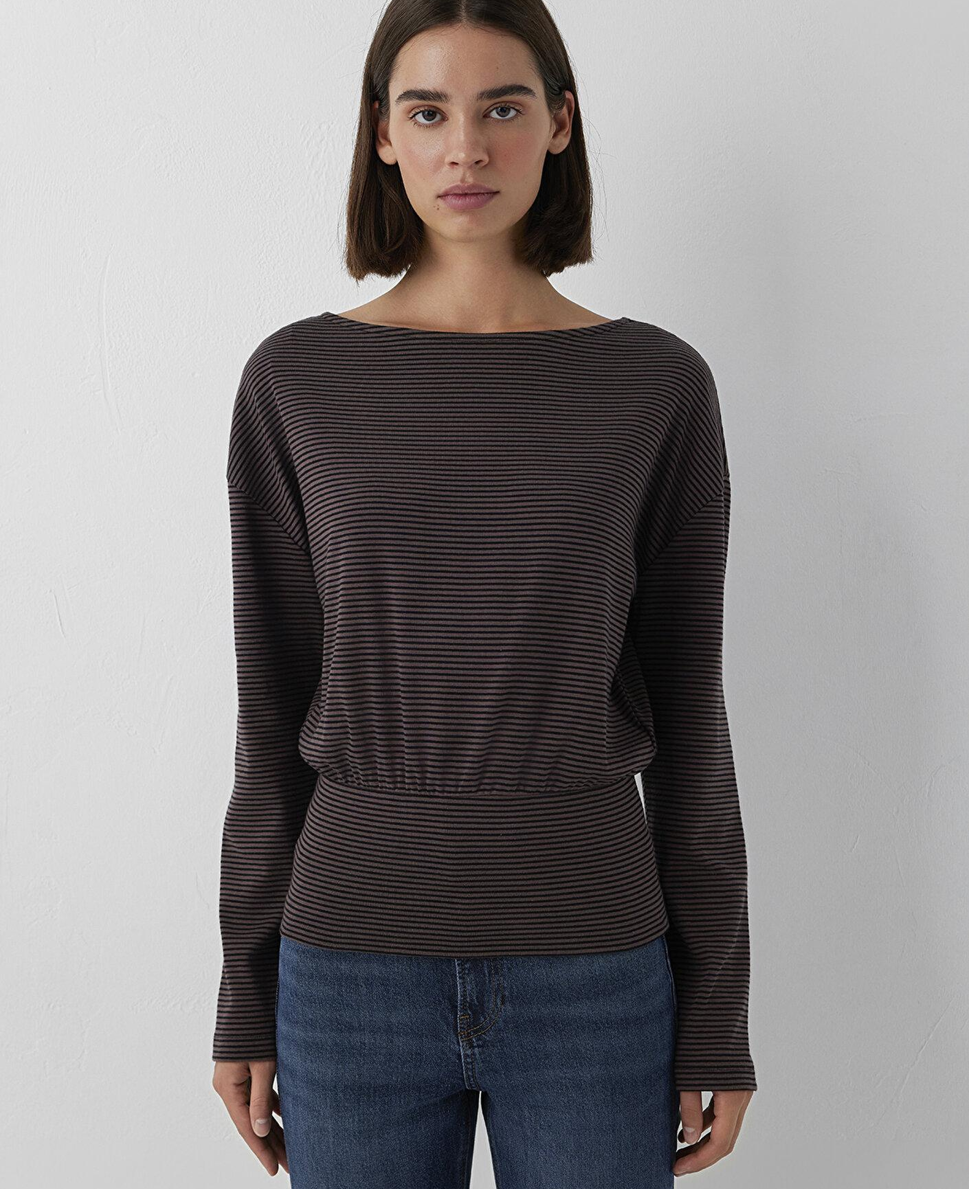 Mavi Bel Detaylı Çizgili Kahverengi Top Regular Fit / Normal Kesim 1620088-85407