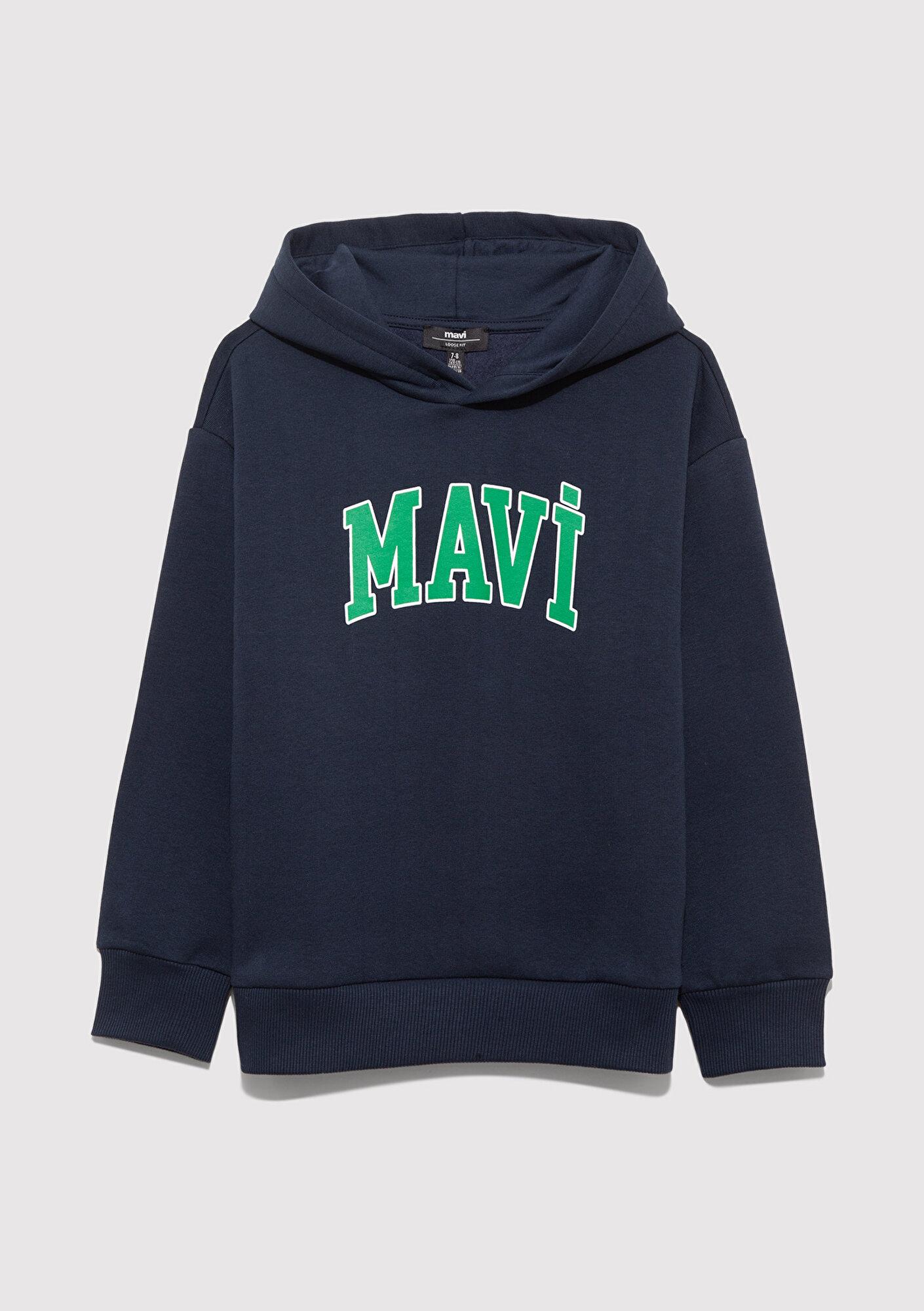 Mavi Mavi Logo Baskılı Lacivert Kapüşonlu Sweatshirt 6610110-70490