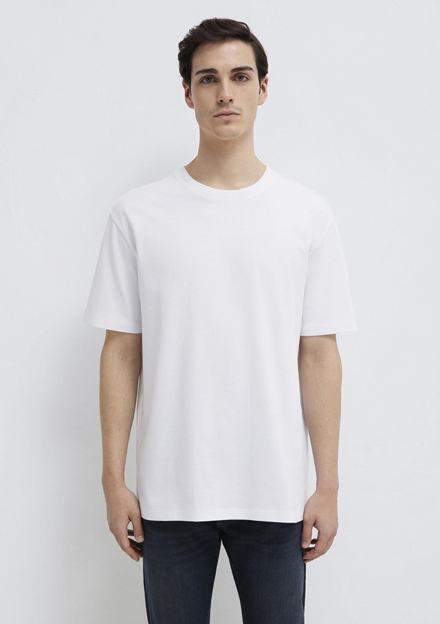 Mavi Bisiklet Yaka Beyaz Basic Tişört Loose Fit / Bol Rahat Kesim 0611596-620
