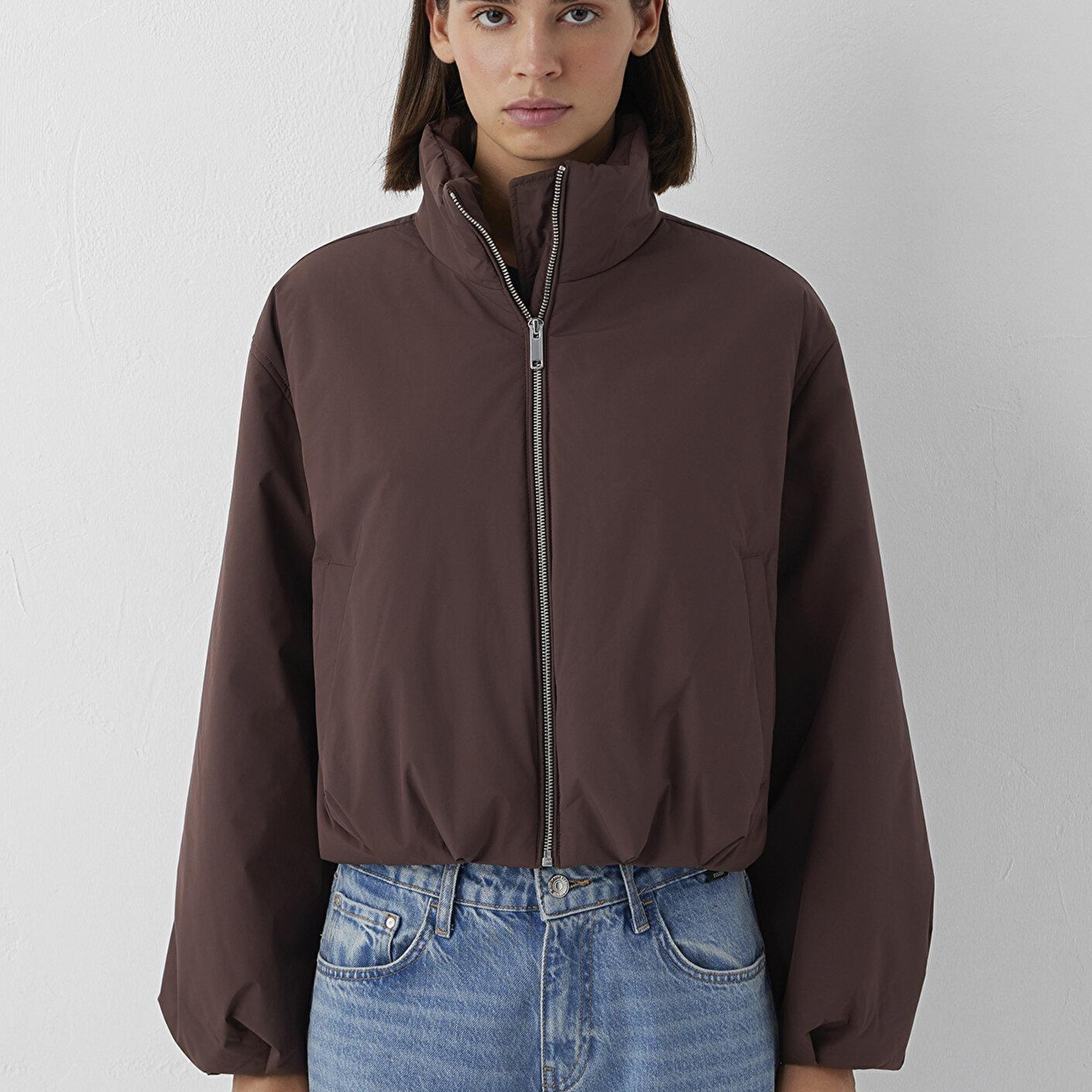 Mavi Su İtici Dik Yaka Kahverengi Şişme Mont Oversize / Geniş Kesim 1110815-70259