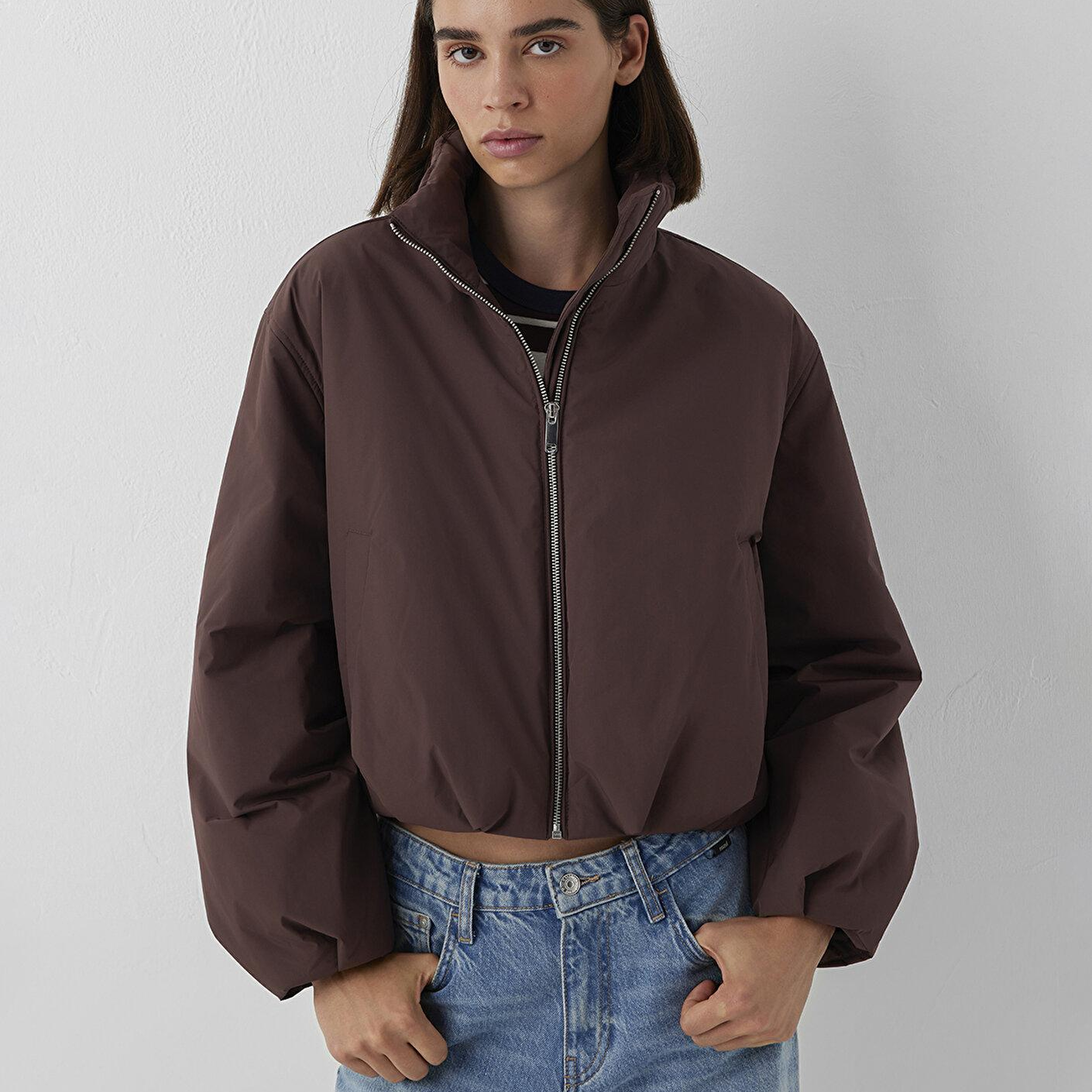 Mavi Su İtici Dik Yaka Kahverengi Şişme Mont Oversize / Geniş Kesim 1110815-70259