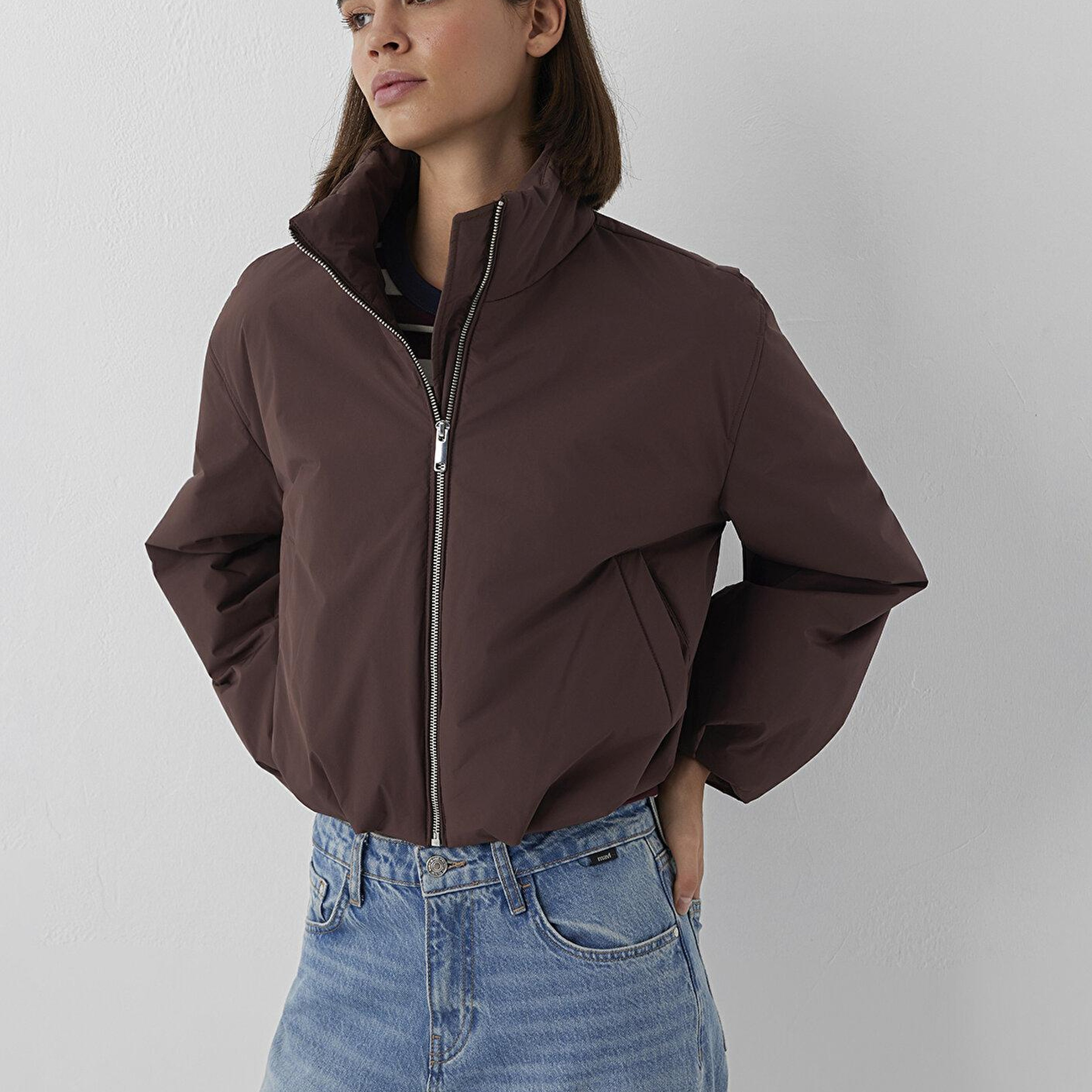 Mavi Su İtici Dik Yaka Kahverengi Şişme Mont Oversize / Geniş Kesim 1110815-70259