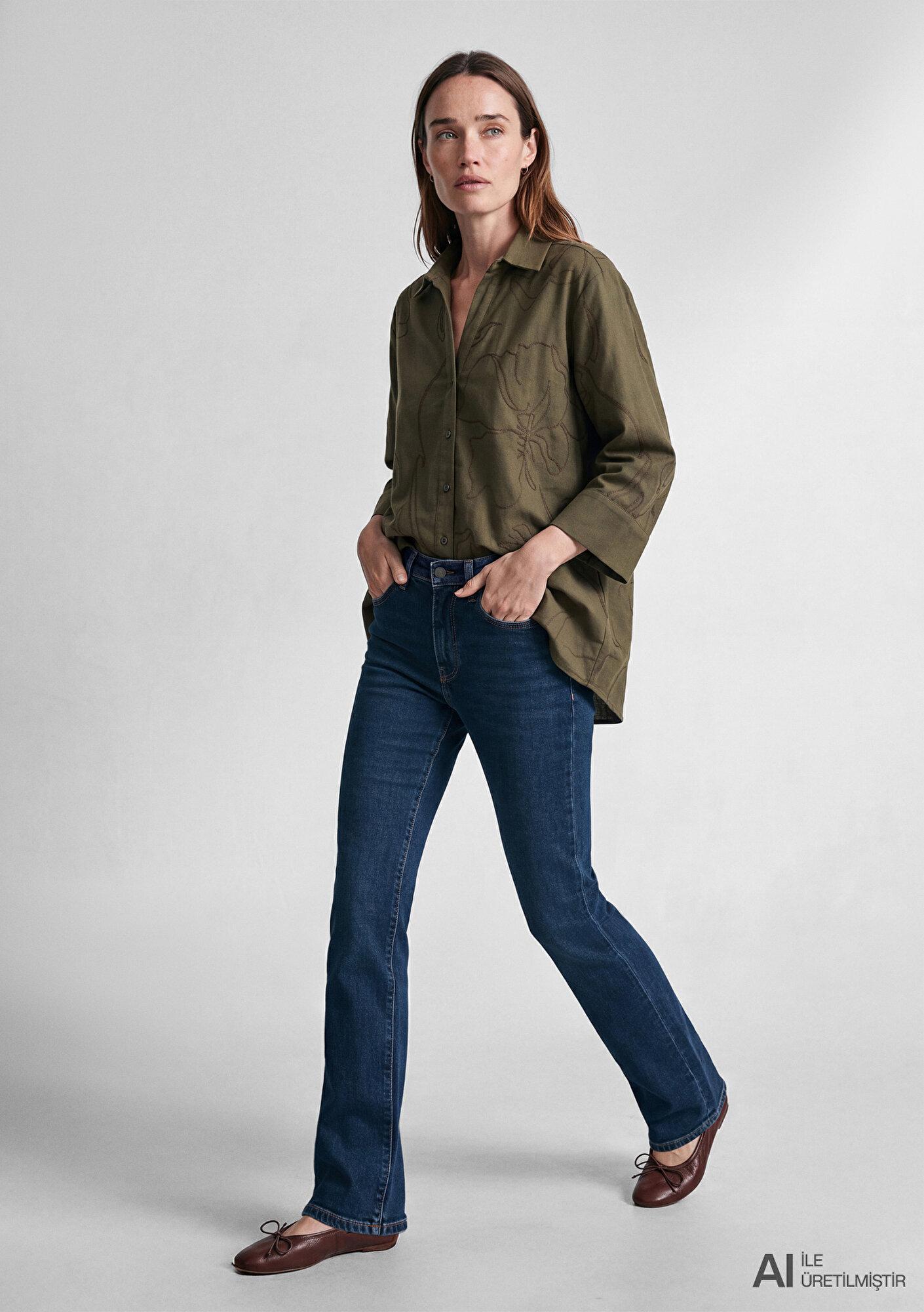 Mavi Baskılı Kahverengi Gömlek Loose Fit / Bol Rahat Kesim 1211656-87538