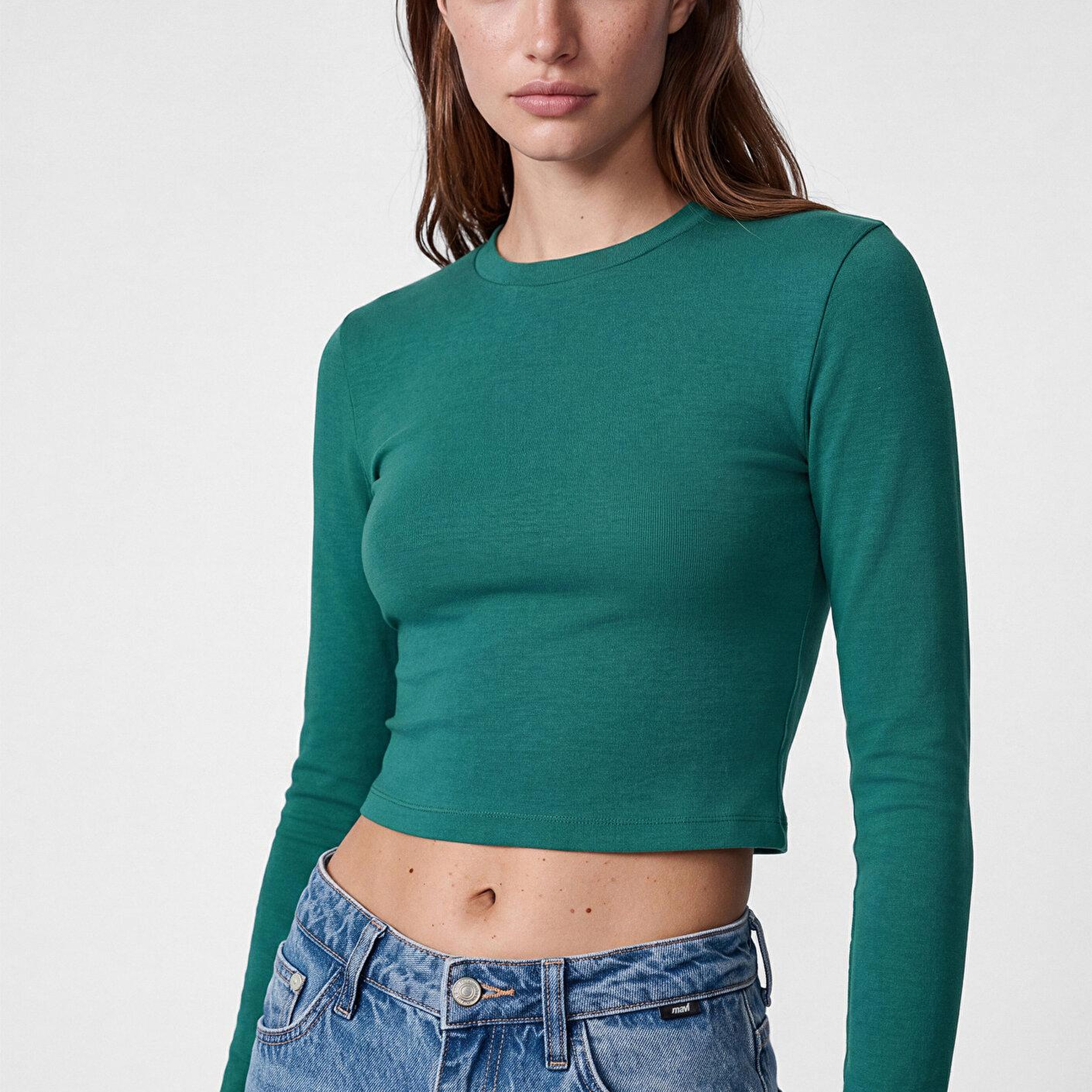 Mavi Uzun Kollu Yeşil Crop Basic Tişört Crop / Kısa Kesim 1612822-71874