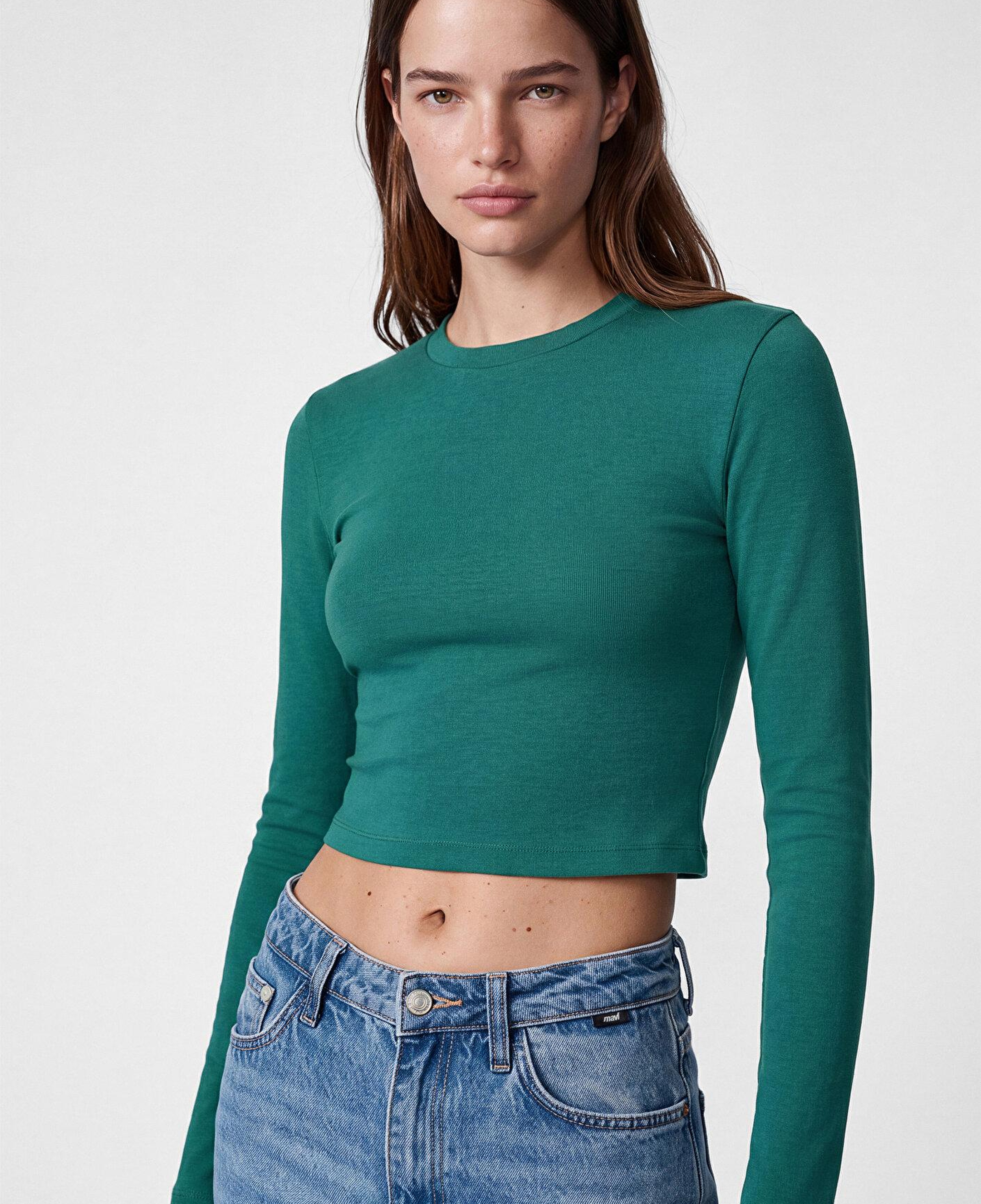Mavi Uzun Kollu Yeşil Crop Basic Tişört Crop / Kısa Kesim 1612822-71874