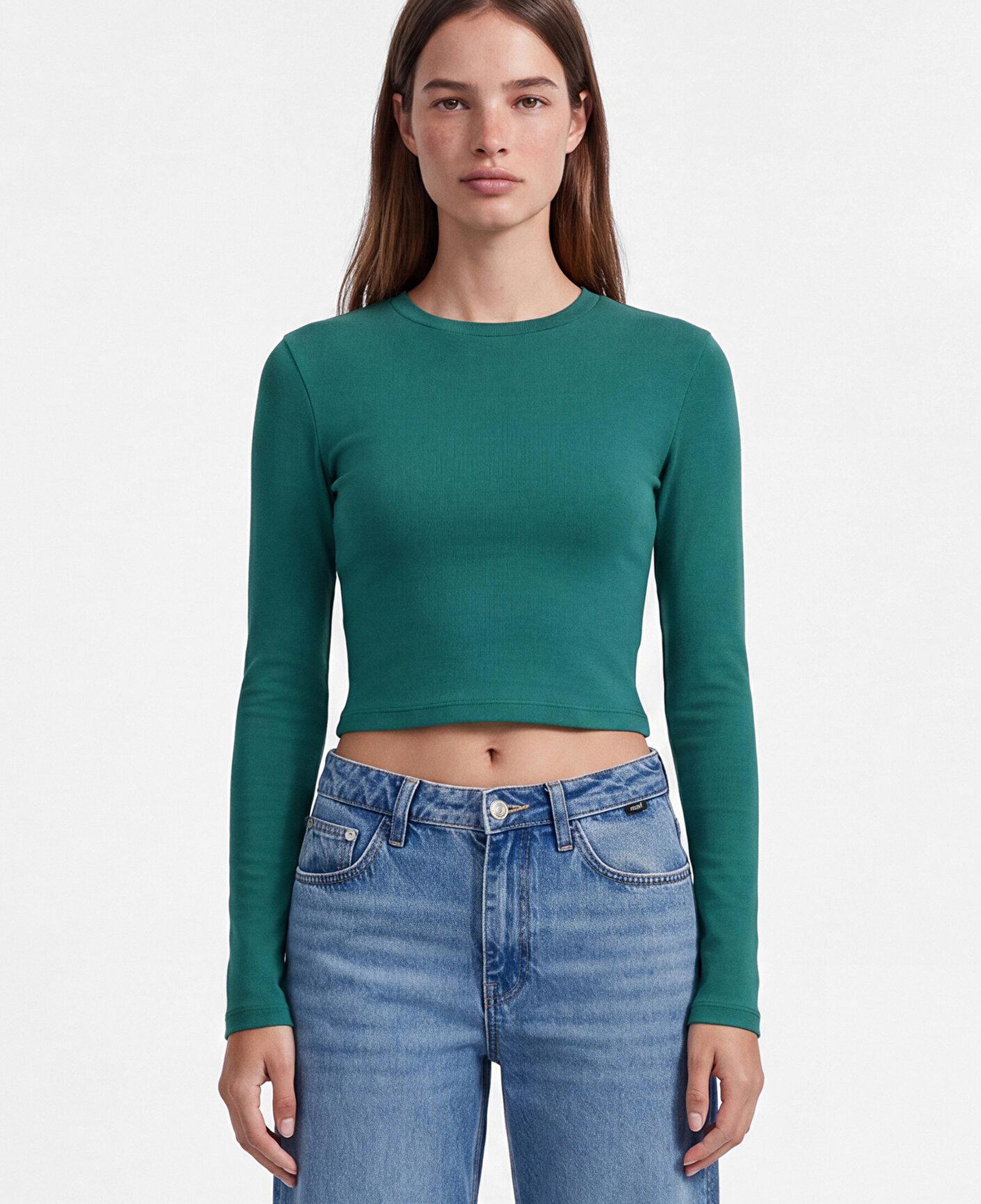 Mavi Uzun Kollu Yeşil Crop Basic Tişört Crop / Kısa Kesim 1612822-71874
