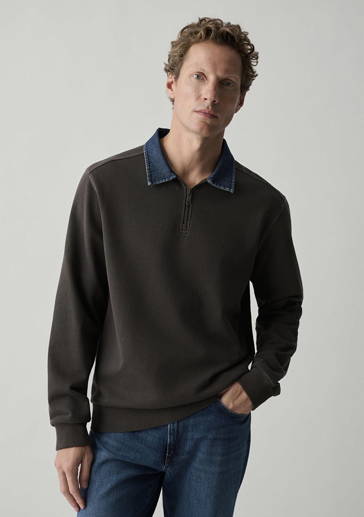 Mavi Denim Yaka Kahverengi Polo Sweatshirt 0S10669-70219
