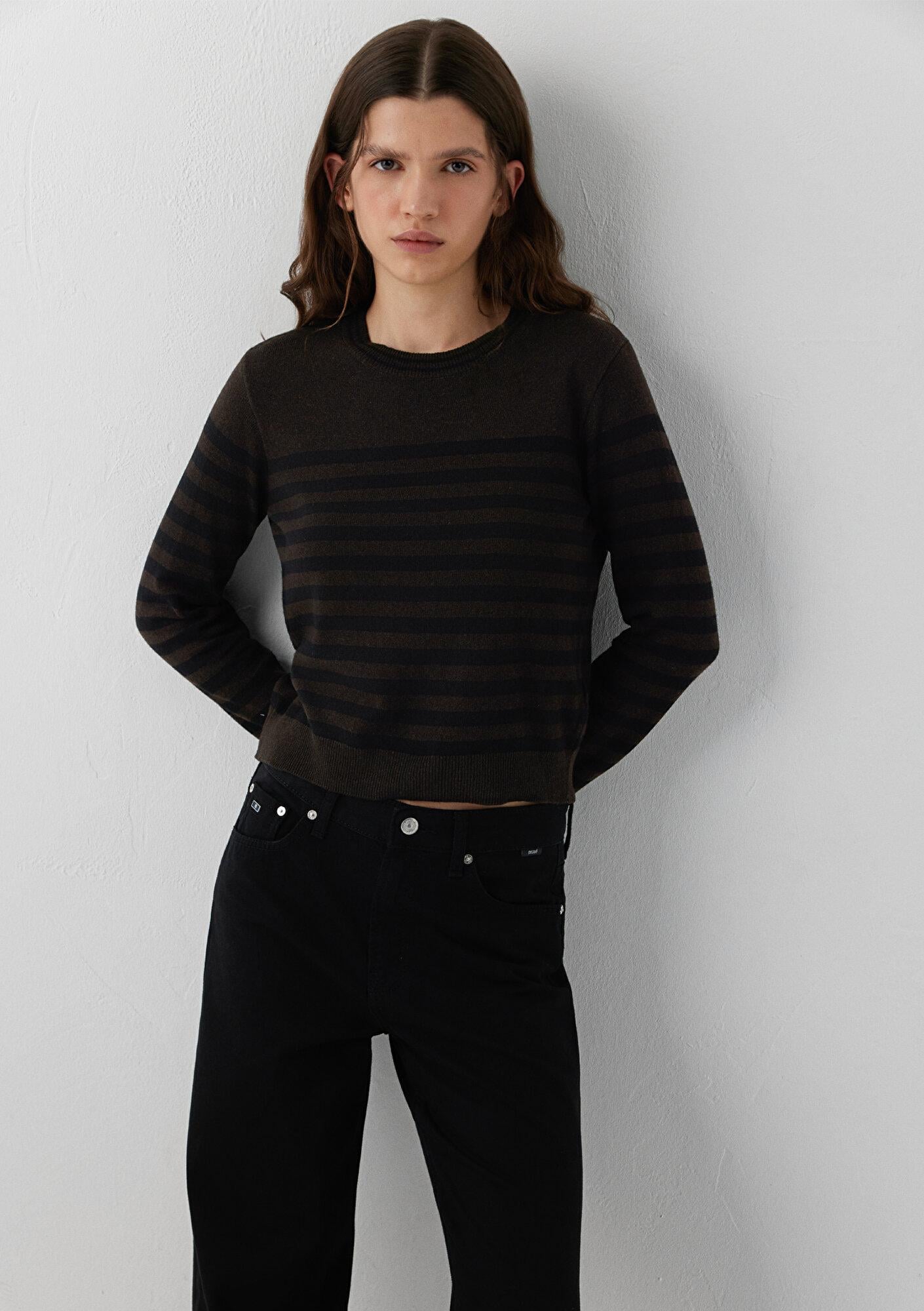 Mavi Yün Karışımlı Çizgili Kahverengi Triko Slim Fit / Dar Kesim 1720096-84517
