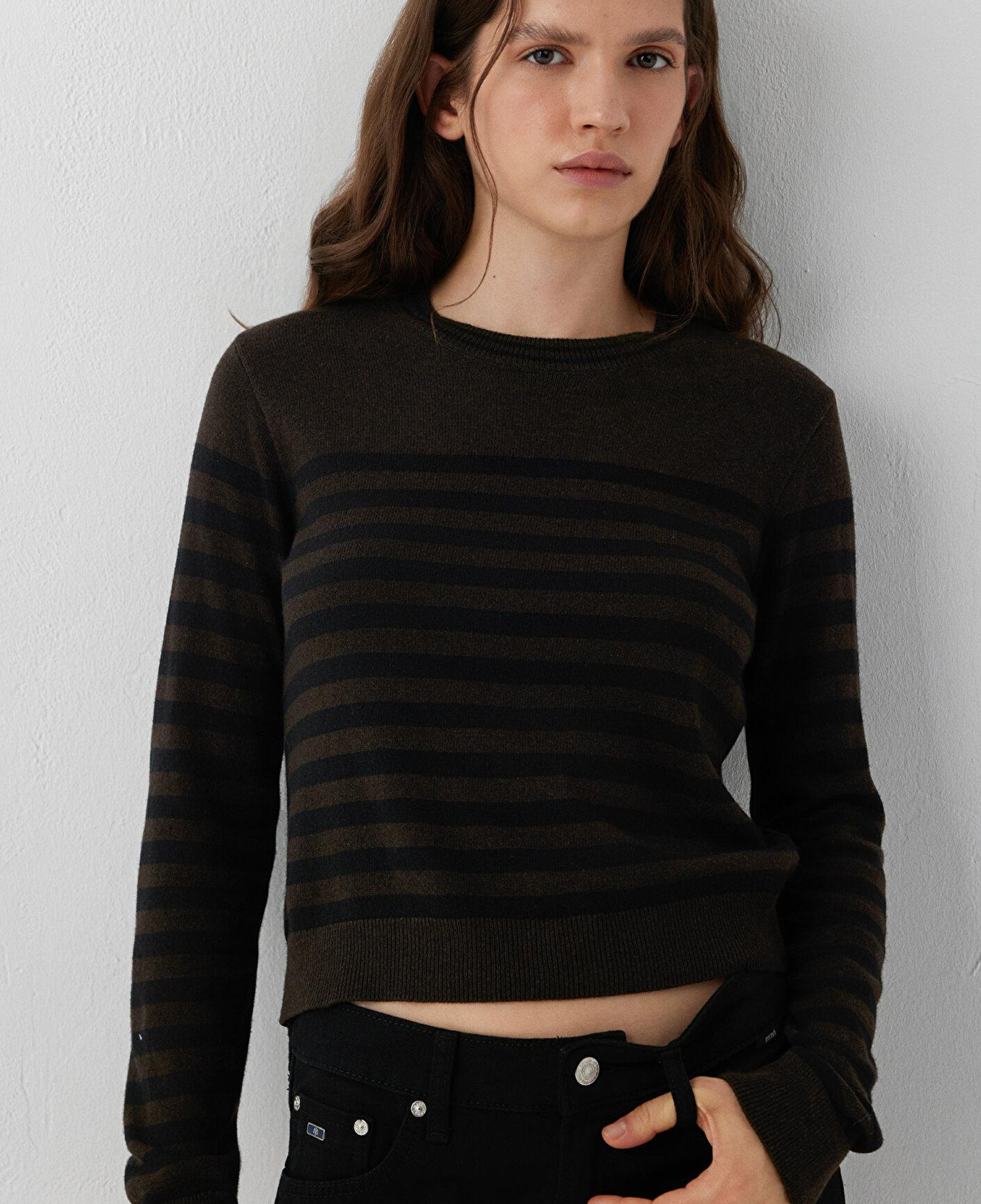 Mavi Yün Karışımlı Çizgili Kahverengi Triko Slim Fit / Dar Kesim 1720096-84517